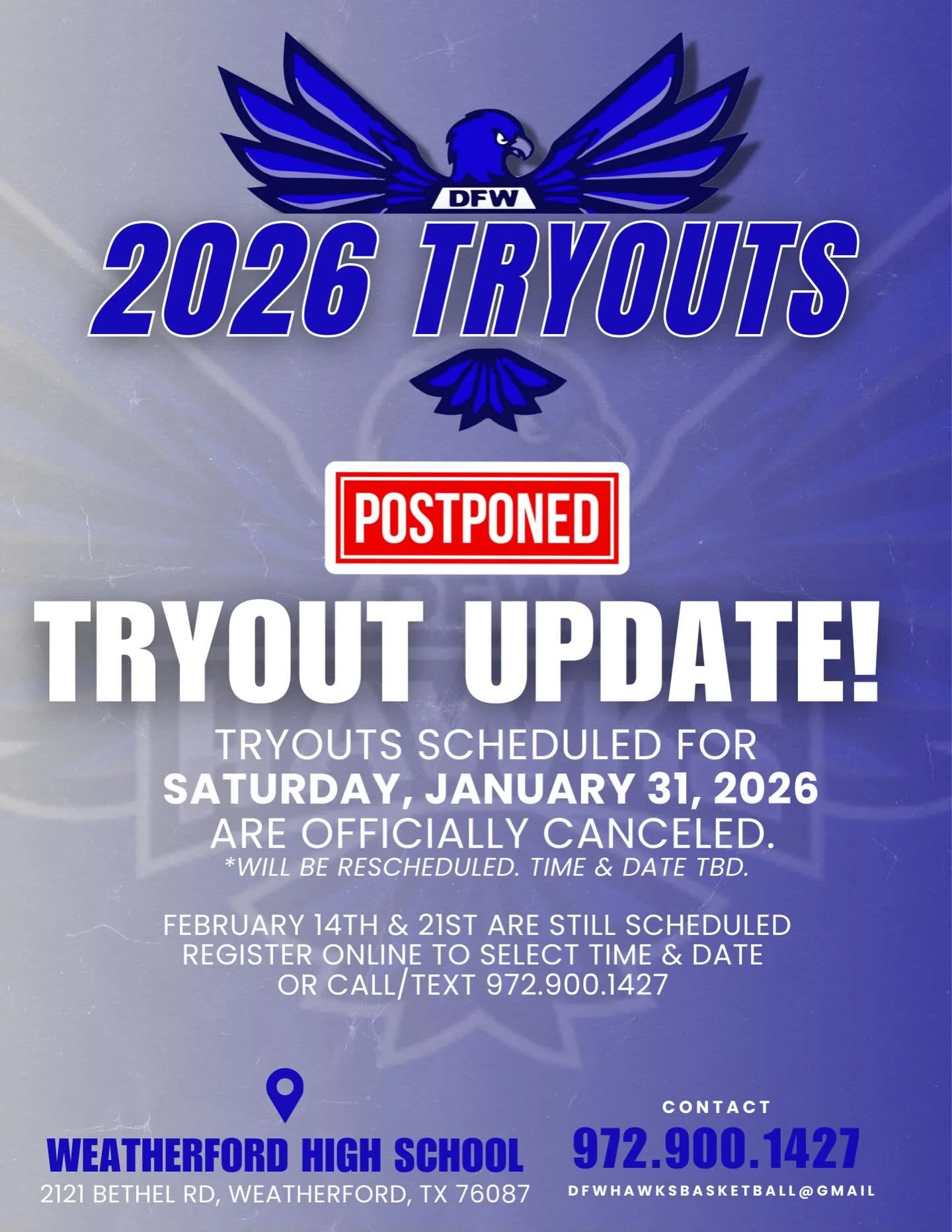 Tryouts for 1/31 are postponed for February! 

Swipe ➡️➡️➡️➡️ to see updated details for 5th-8th grade! 

Register online to RSVP or just show up! 
☎️ 972.900.1427 for all inquires! #HawksFam