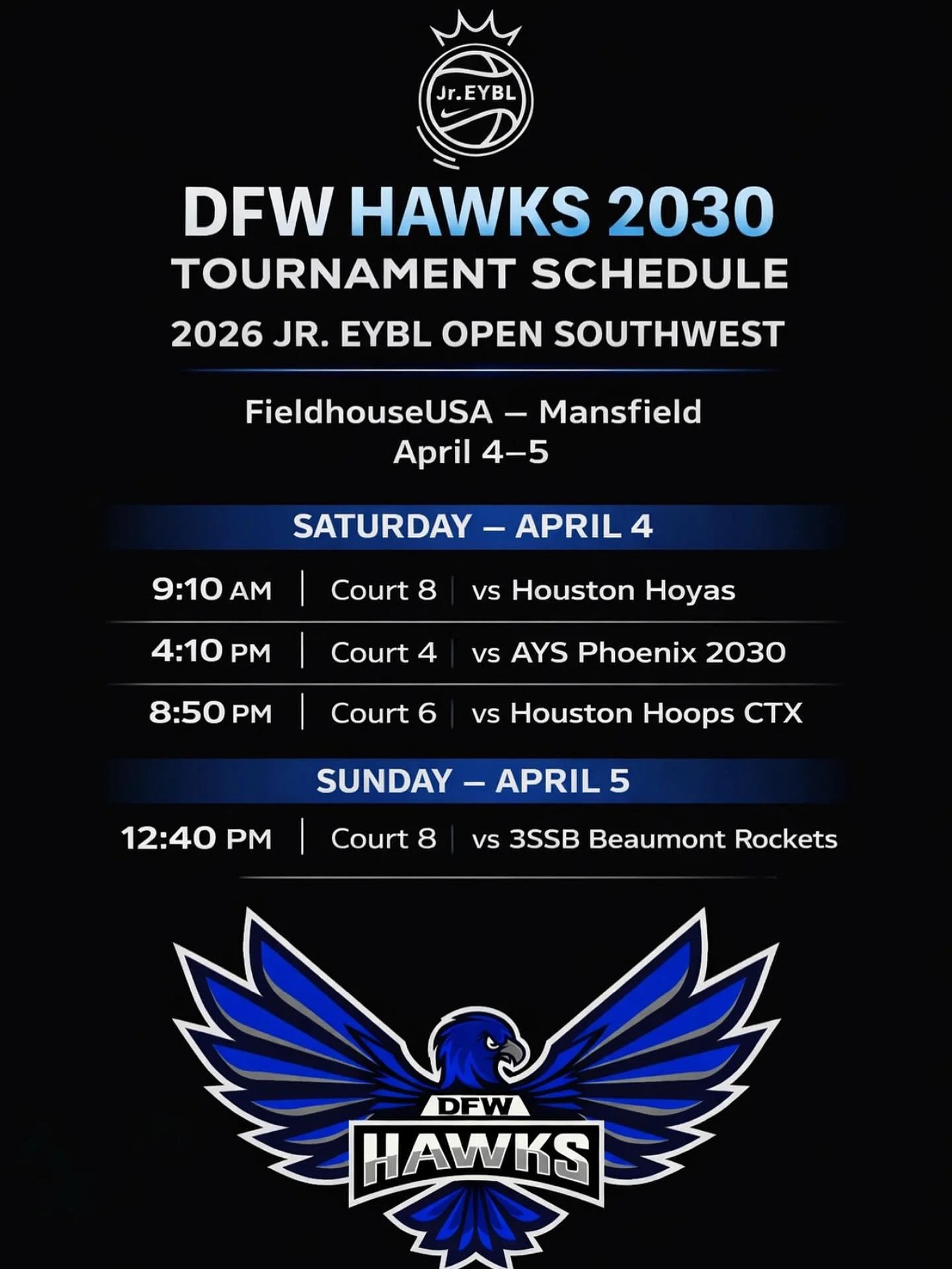 DFW Hawks 2030 go 3-0 on the day at the 2026 Jr. EYBL Open Southwest defeating the Houston Hoyas 56-32, AYS Phoenix 2030 48-23 and Houston Hoops Ctx 70-32. 

These boys are improving each game and are fun to watch.  #hawksfam #dfwhawks