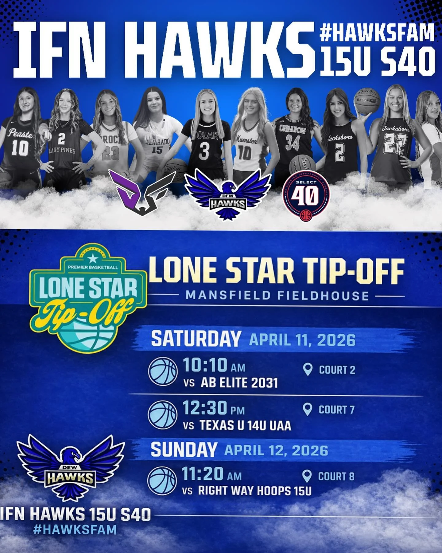 🏀 LONE STAR TIP-OFF | MANSFIELD FIELDHOUSE 🏀
The IFN Hawks 15U S40 are back in action this weekend &mdash; at Mansfield Fieldhouse 🔥
📅 Saturday, April 11
⏰ 10:10 AM vs AB Elite 2031 (Court 2)
⏰ 12:30 PM vs Texas U 14U UAA (Court 7)
📅 Sunday, Apr