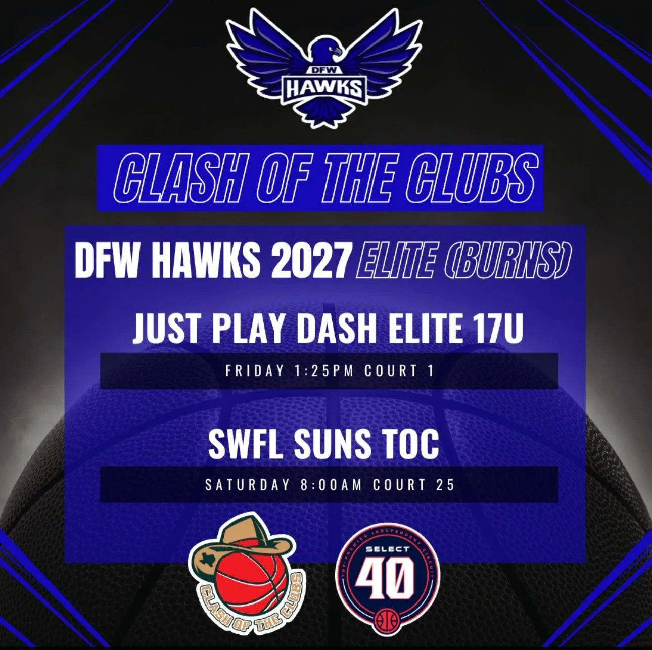 DFW HAWKS 17u (Burns) H-Town Bound! 
Clash of the Clubs 

🚨Coaches 🚨
Variety of talented players who are hungry and coachable! Come check us out! #HawksFam #HardWorkAintEz