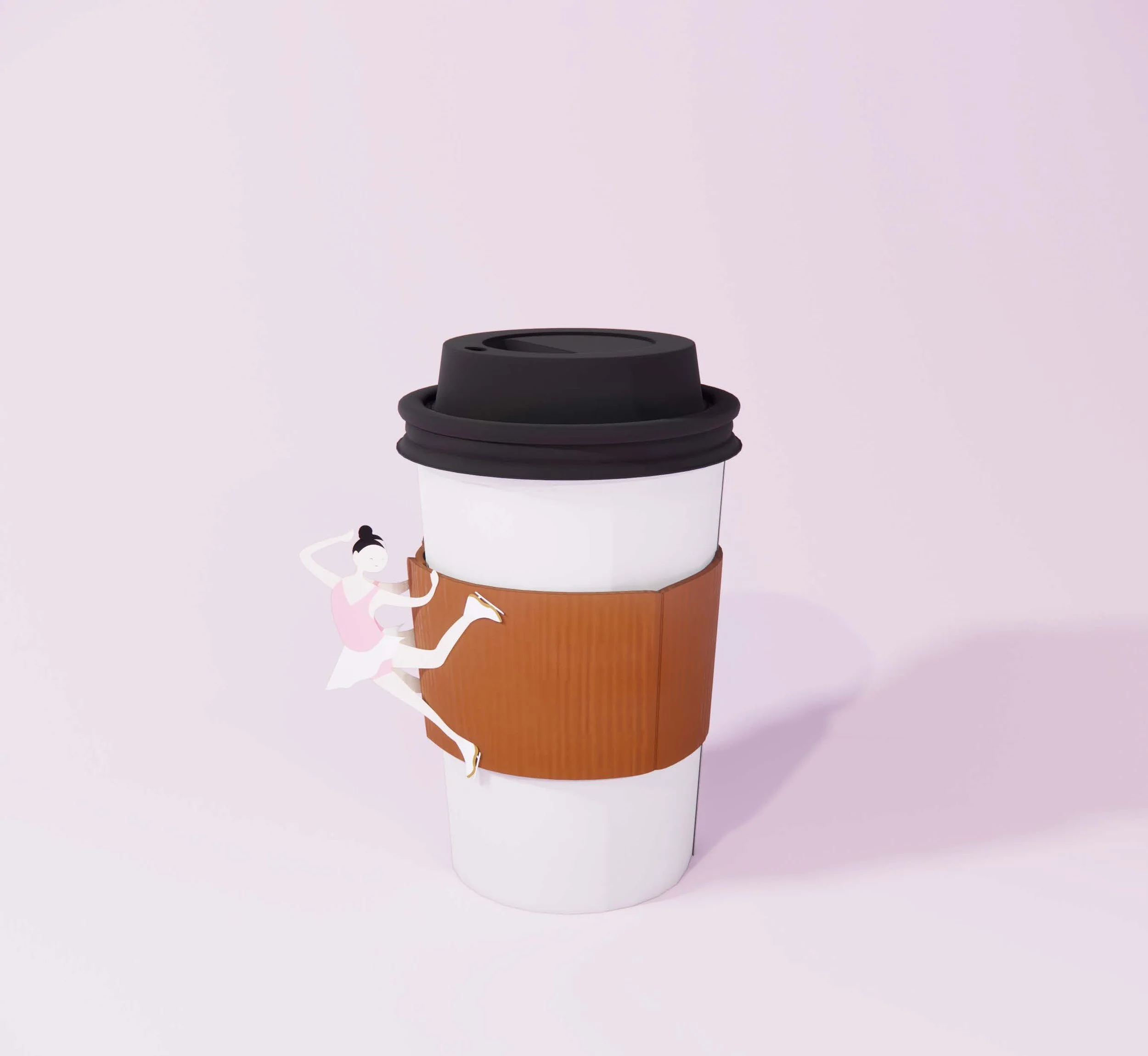 It is a coffee cup cover whose handles are made in the shape of a figure skater. Fingers would pass the voids framed by the outline of the figure to hold the cup.
It is also an easily produced product. We just need to manufacture a sticker made of re