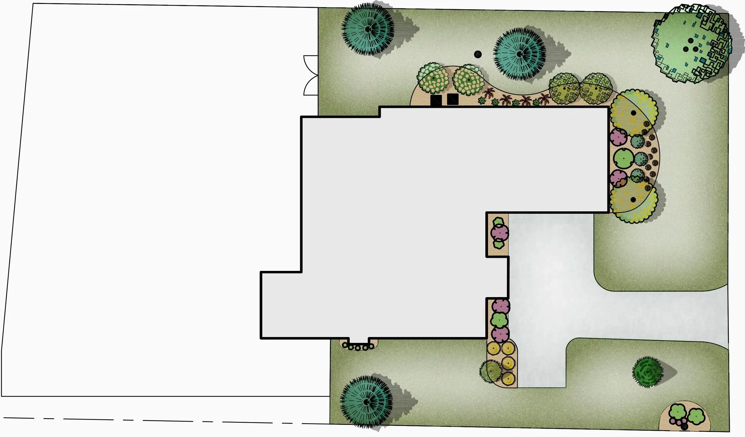 The angled plant beds are designed to introduce subtle depth and dimension, guiding sightlines and enhancing the composition from ground-level perspectives.