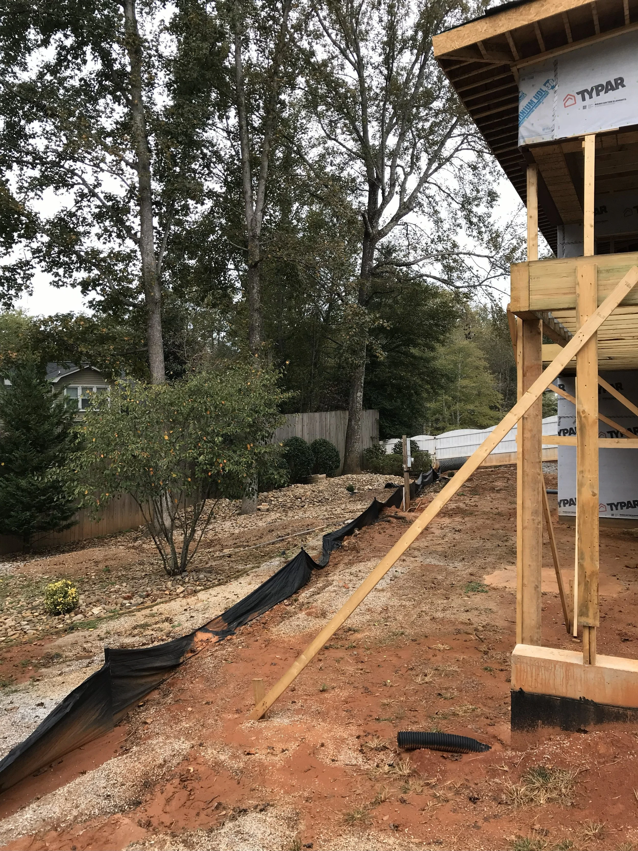 Initial conditions of the property, marked by drainage concerns, exposed soil, and a lack of functional landscape definition.