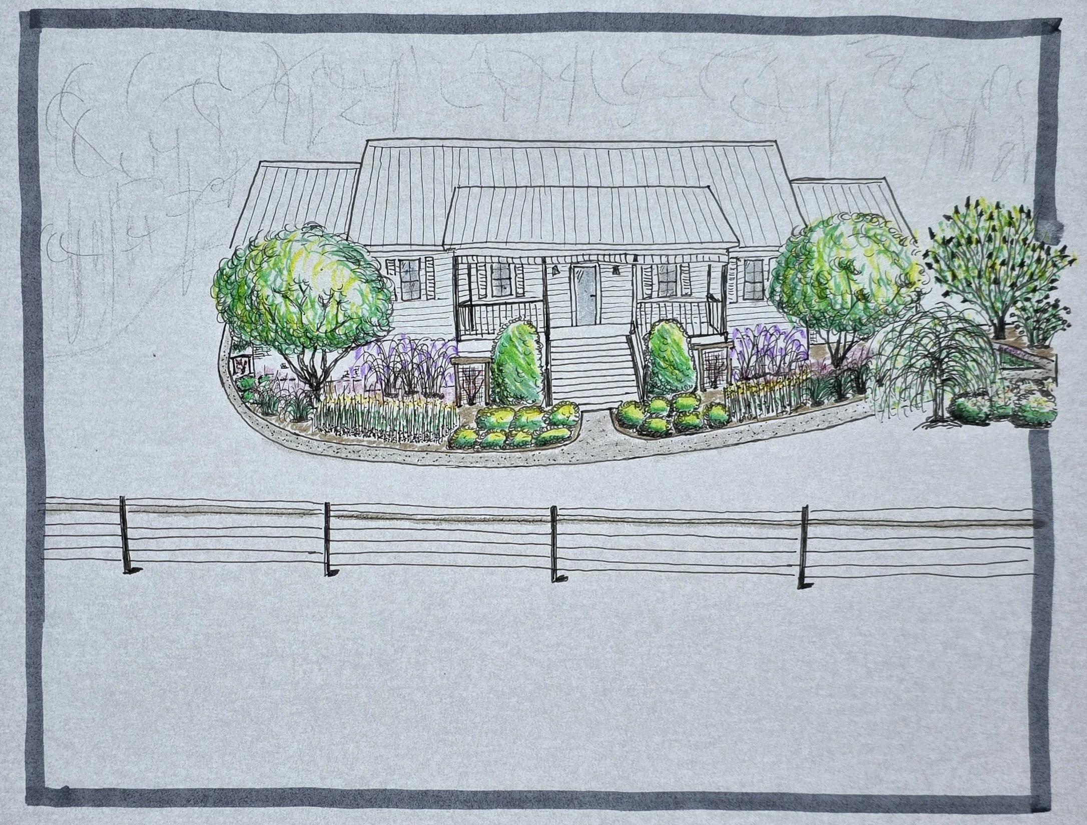 Colorful architectural rendering of a single-story house with front steps, surrounded by a landscaped garden with trees and bushes, viewed from the street.