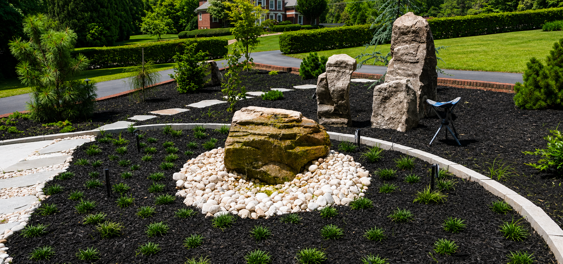 A weathered boulder fountain anchors the garden, pairing the quiet movement of water with sculptural stone and a restrained planting palette.