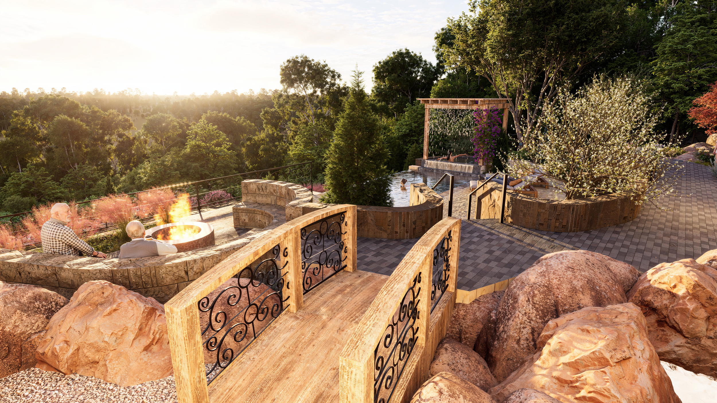 A central moment within the design, where warm stonework meets the infinity-edge pool and the surrounding terraces open toward the cliffs beyond.