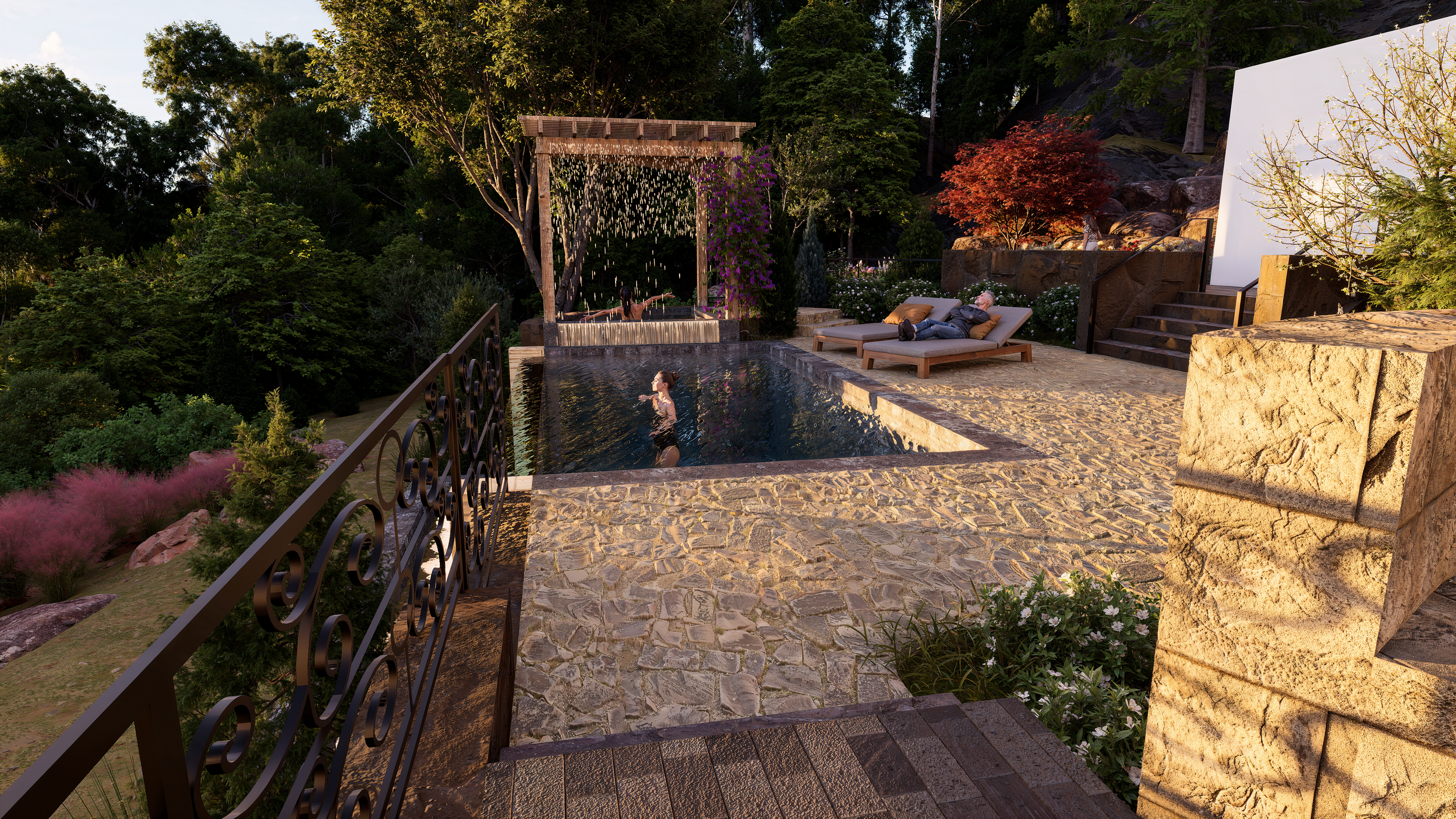 An angled view showcases the layered elevation changes that shape the experience of the space, guiding the eye from the fire pit toward the pool and rain curtain feature across the way.