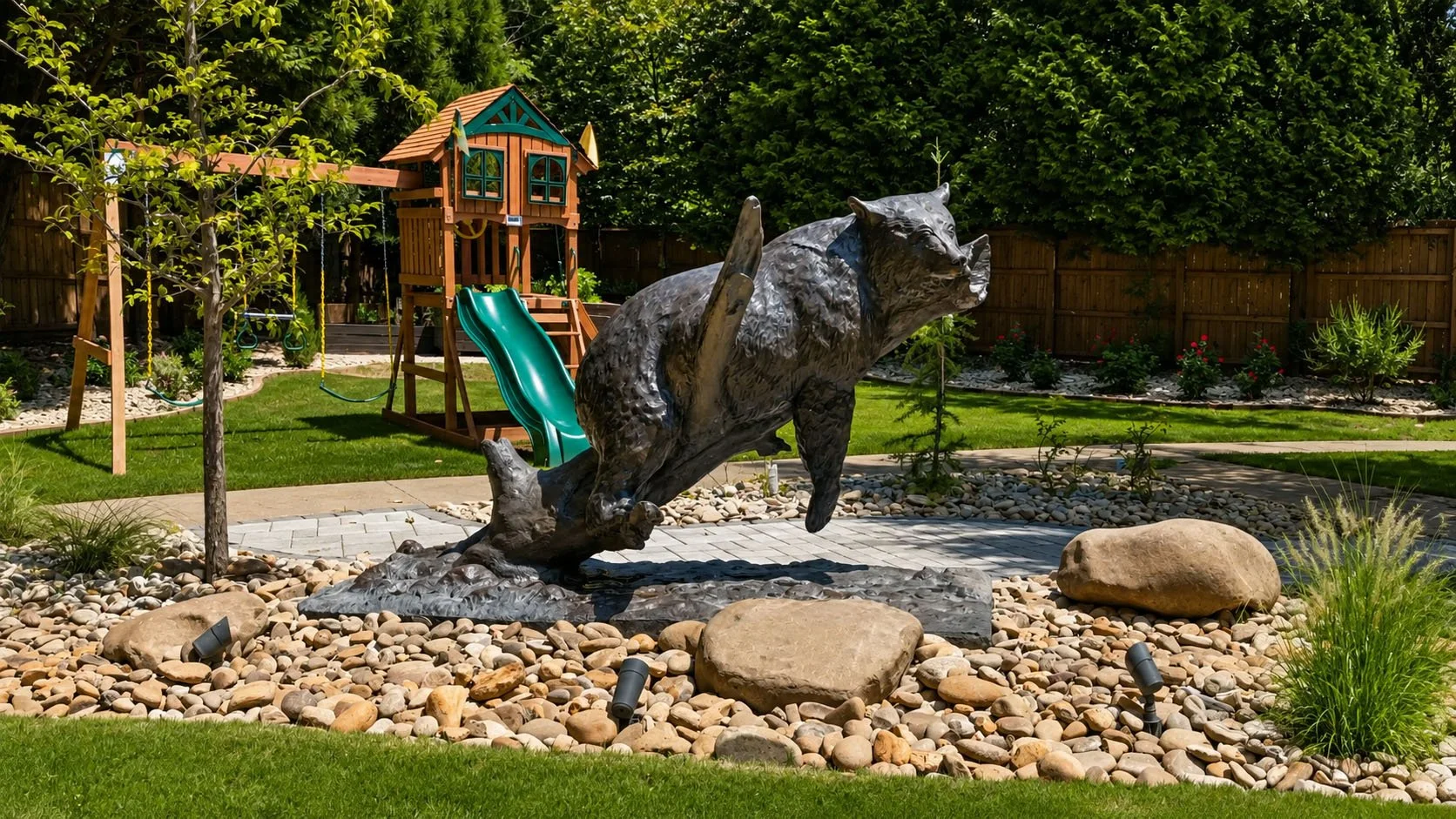 A sculptural bear anchors the garden as an unexpected moment of discovery—framed by stone, texture, and the wandering path beyond.