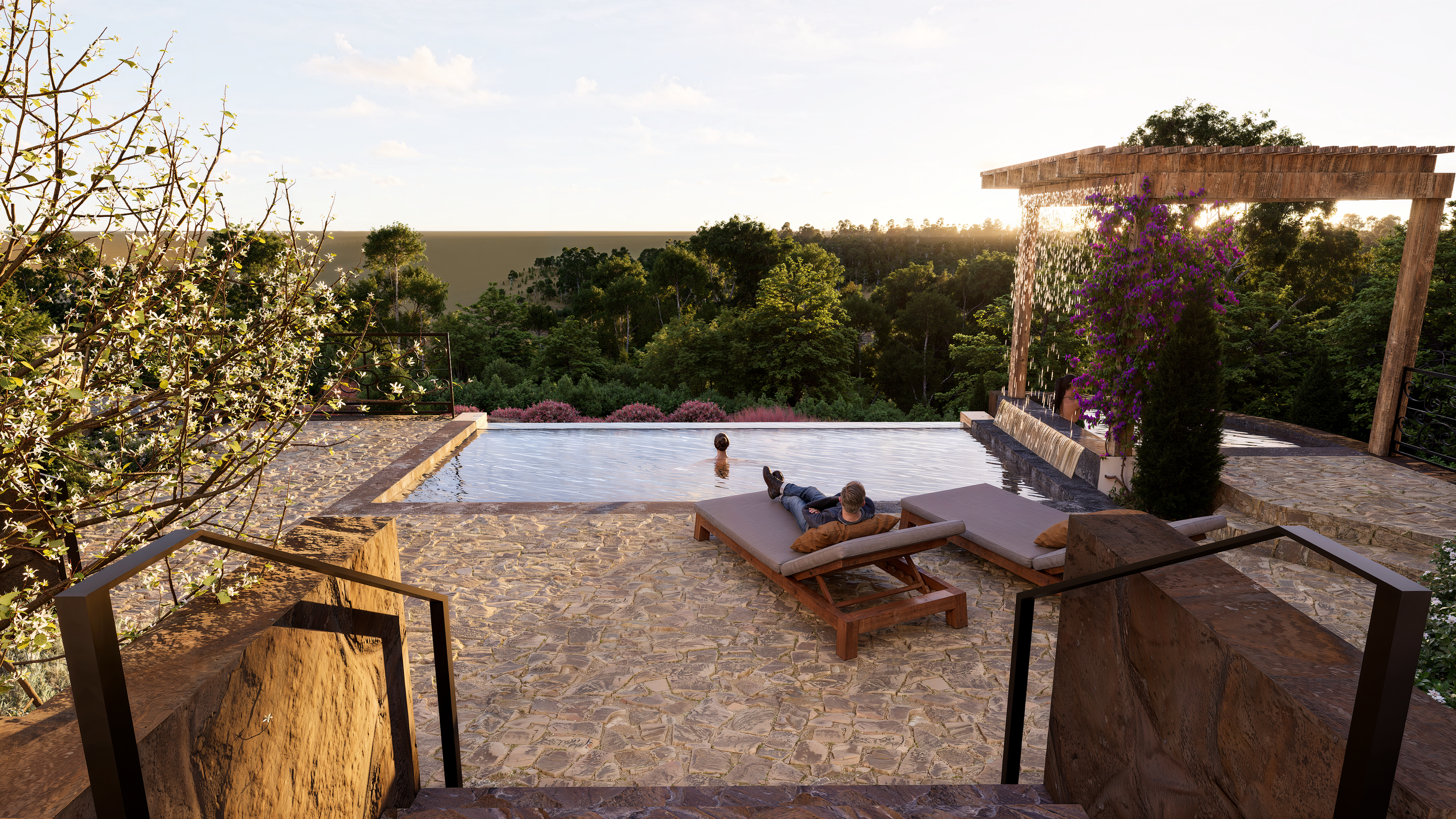 A tranquil view from the pool, where the infinity edge blends seamlessly into the surrounding landscape and the sky beyond.