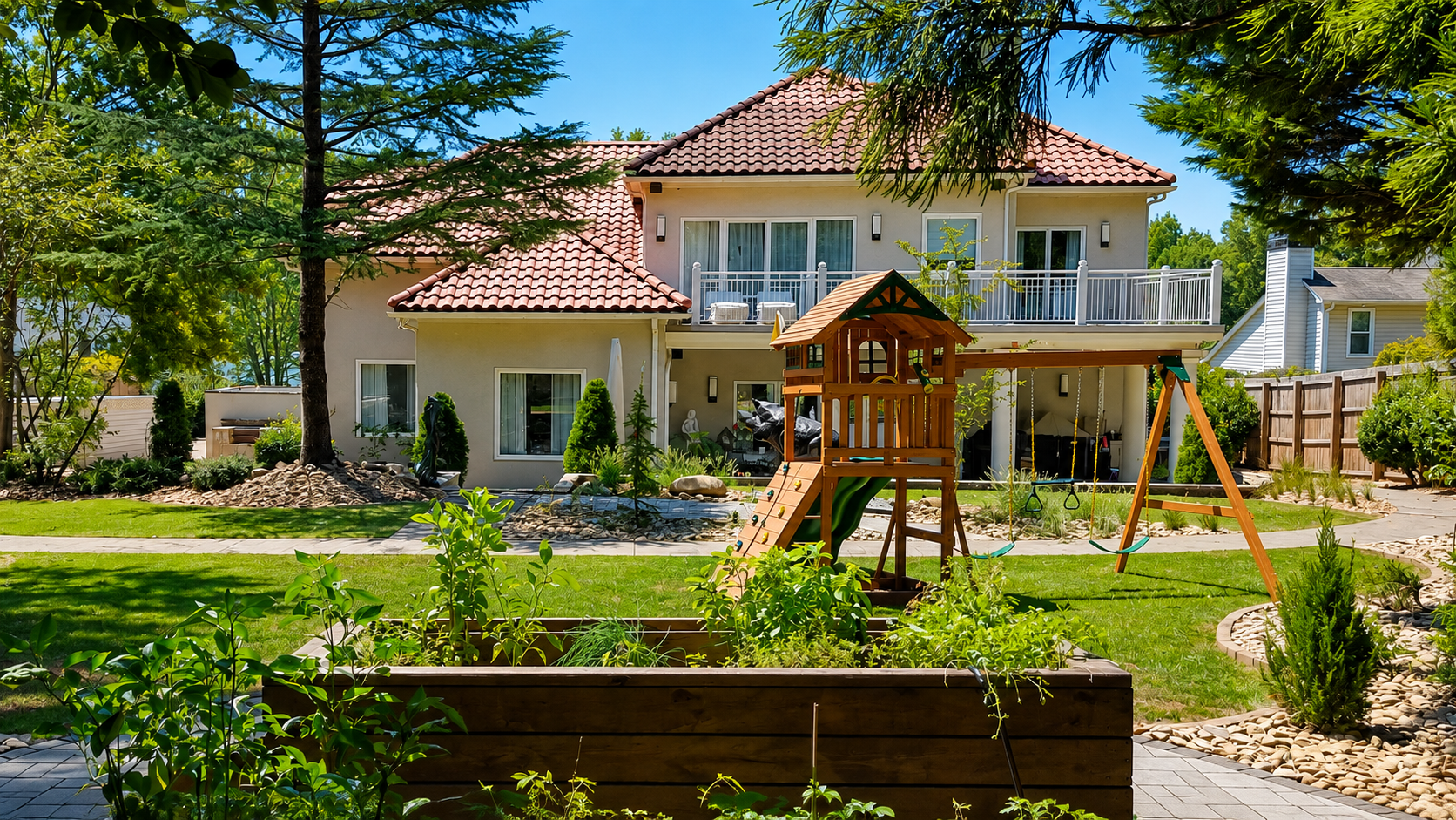From the garden, the home becomes part of the composition—architecture, play, planting, and circulation layered into one cohesive landscape.