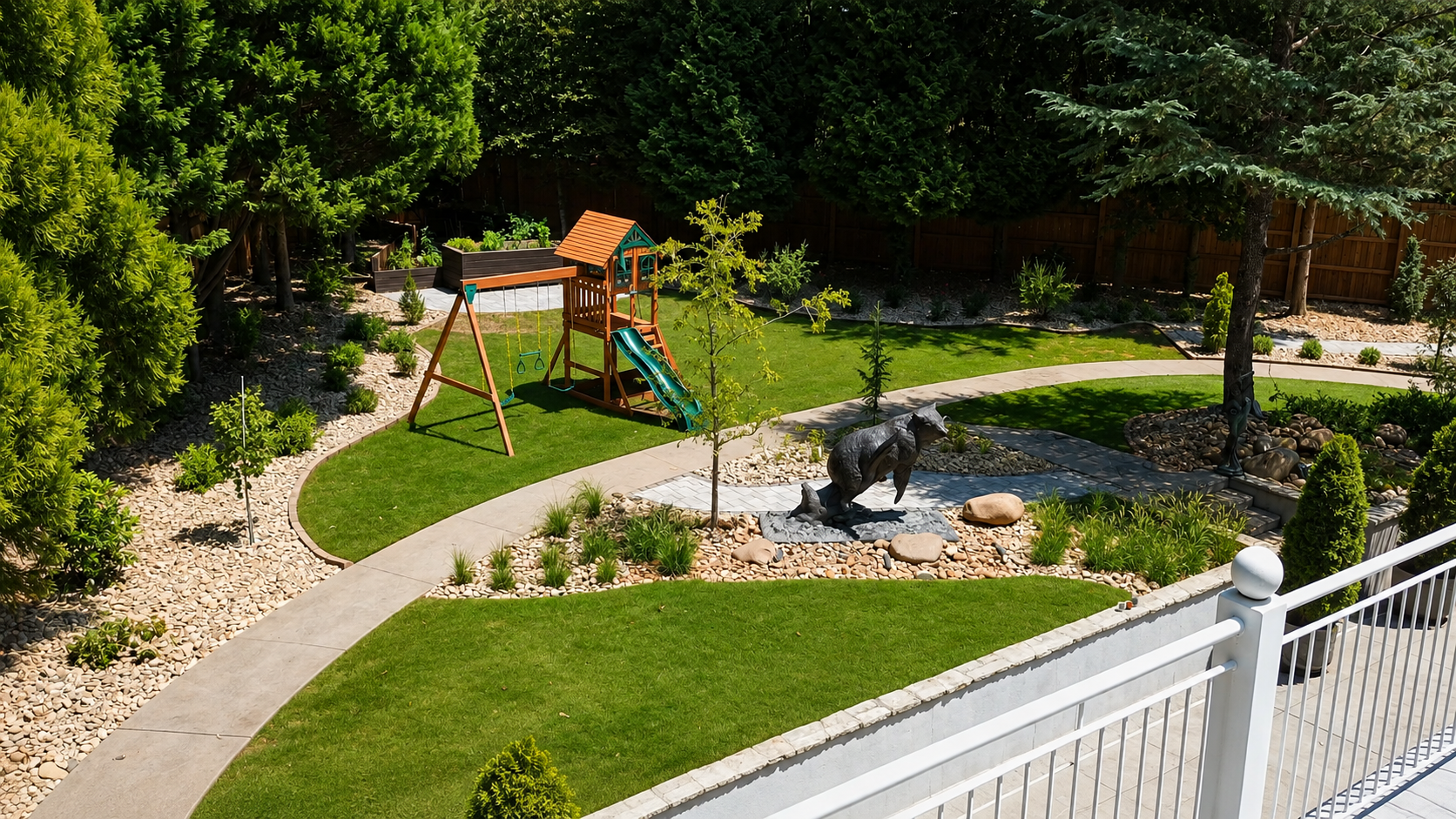 From above, the garden reveals itself as a sequence of movement and discovery—sweeping paths, layered planting, sculpture, and open lawn woven into a wooded setting.