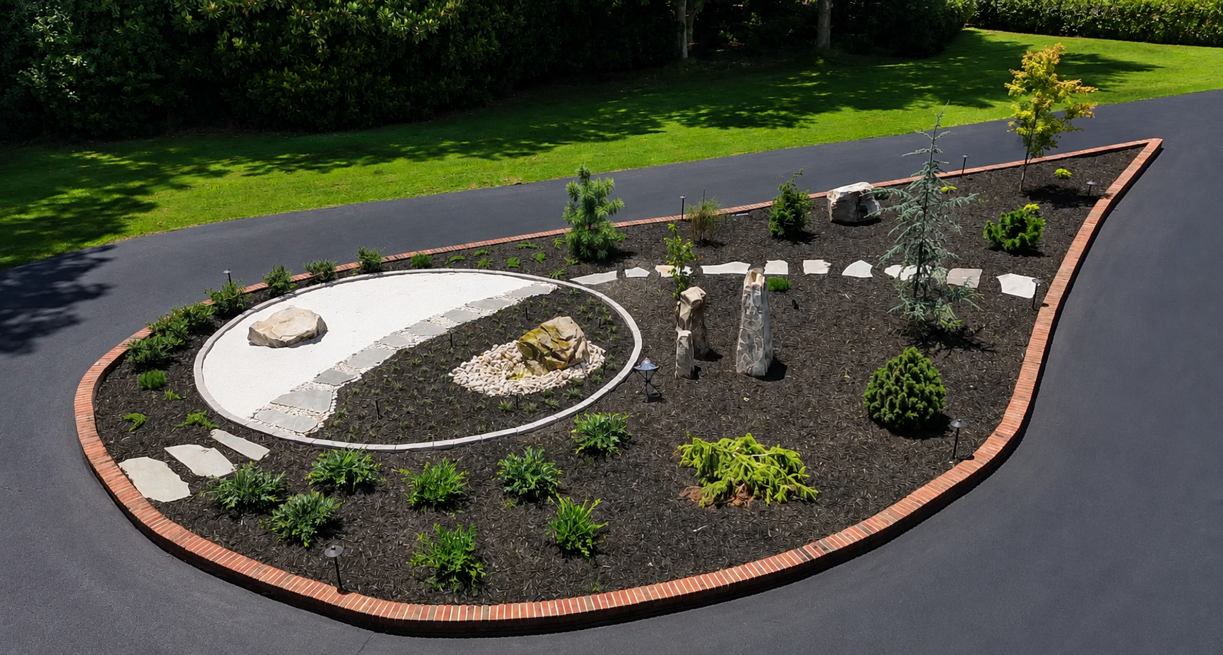 A carefully composed Japanese-inspired garden where stone, sand, and planting create a deliberate rhythm of movement, contrast, and quiet reflection.