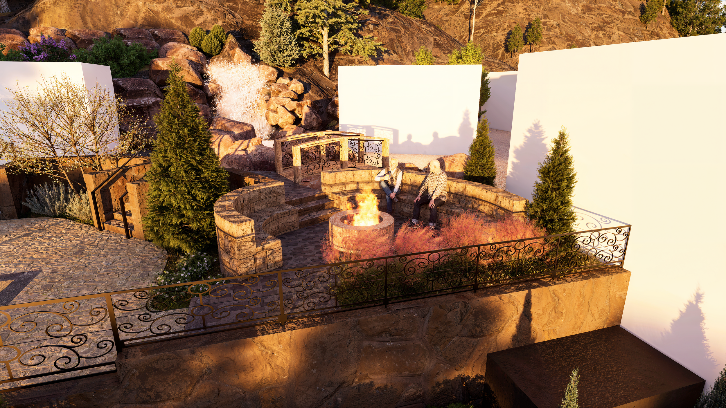 A custom fire pit integrated alongside the pool establishes a dramatic fire-and-water dichotomy, adding warmth, texture, and emphasis to the expansive views.