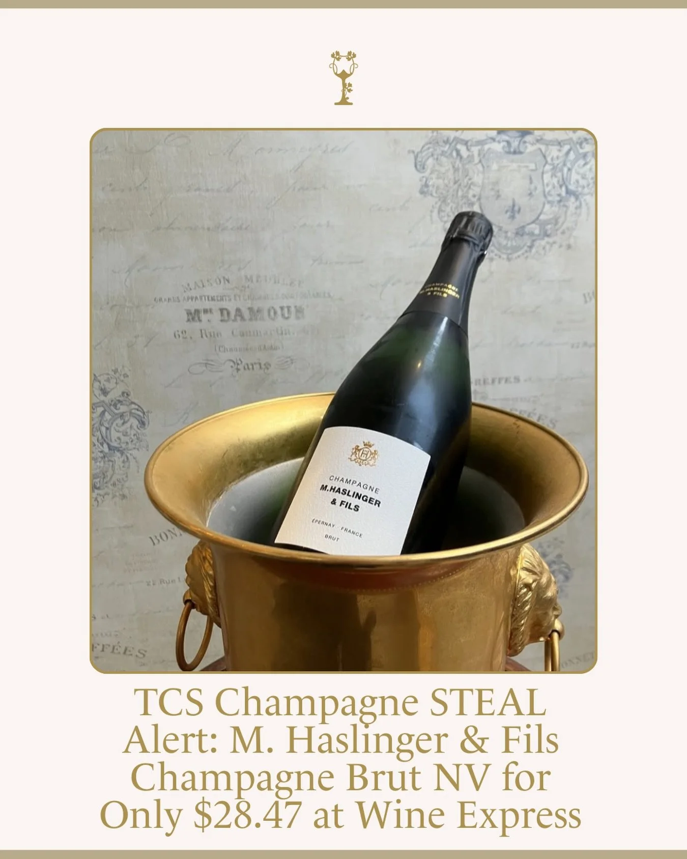 Friends - Champagne pricing just doesn&rsquo;t get better than this! Wine Express is currently offering M. Haslinger &amp; Fils Champagne Brut NV - a classic blend of the 3 main Champagne 🍇 for just $28.47 a bottle 🍾

Buy at https://www.wineexpress