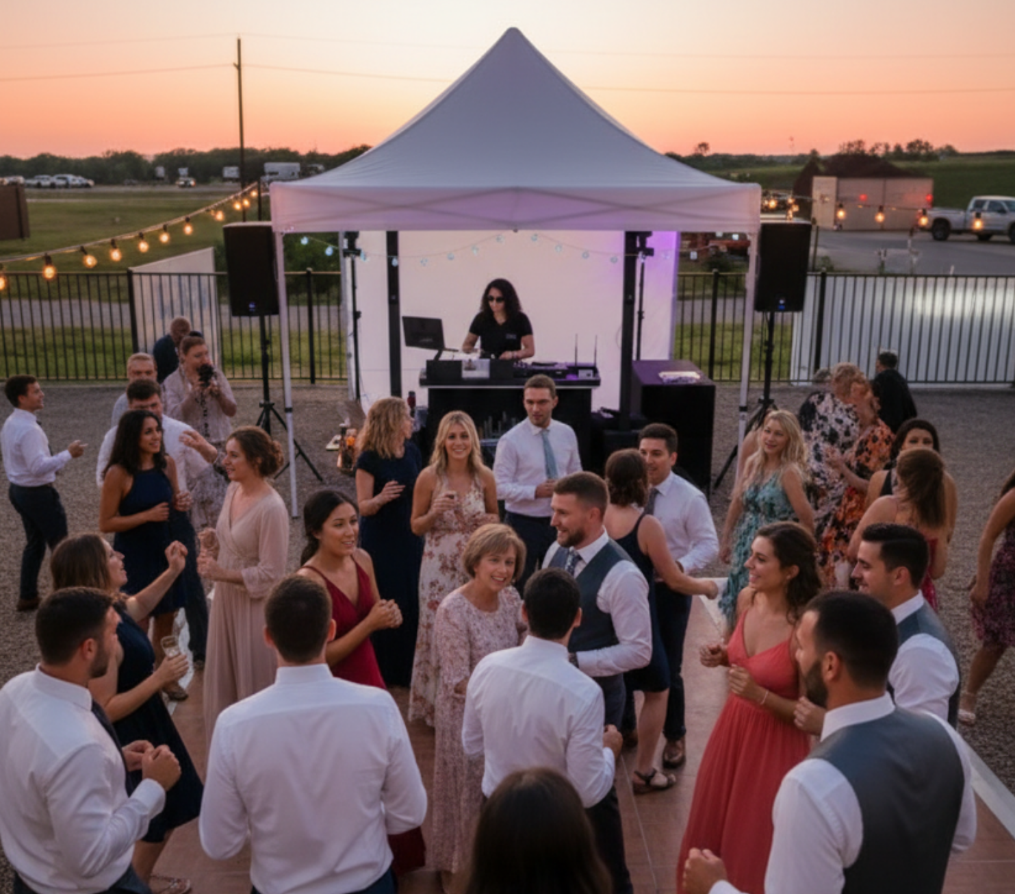 People dancing and socializing at an outdoor evening wedding reception with a DJ, string lights, and sunset in the background.