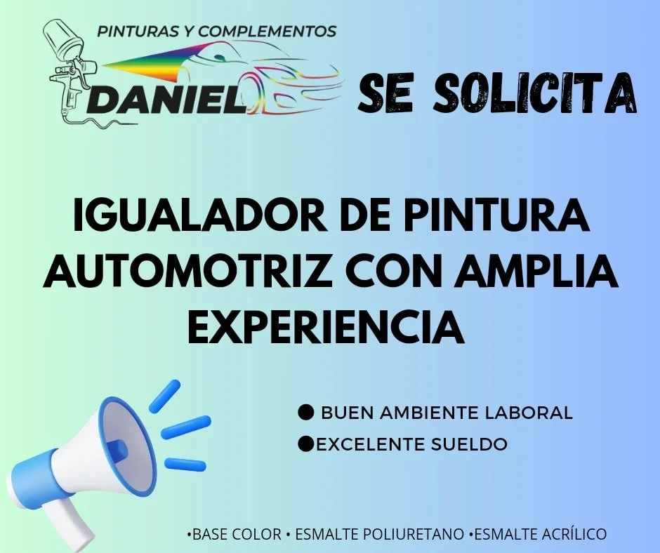 Se solicita 
Igualador de pintura automotriz con amplia experiencia 
Informaci&oacute;n solo v&iacute;a WhatsApp 
Mandar curr&iacute;culum al WhatsApp 664 585 1613

Se realizar&aacute; prueba de experiencia