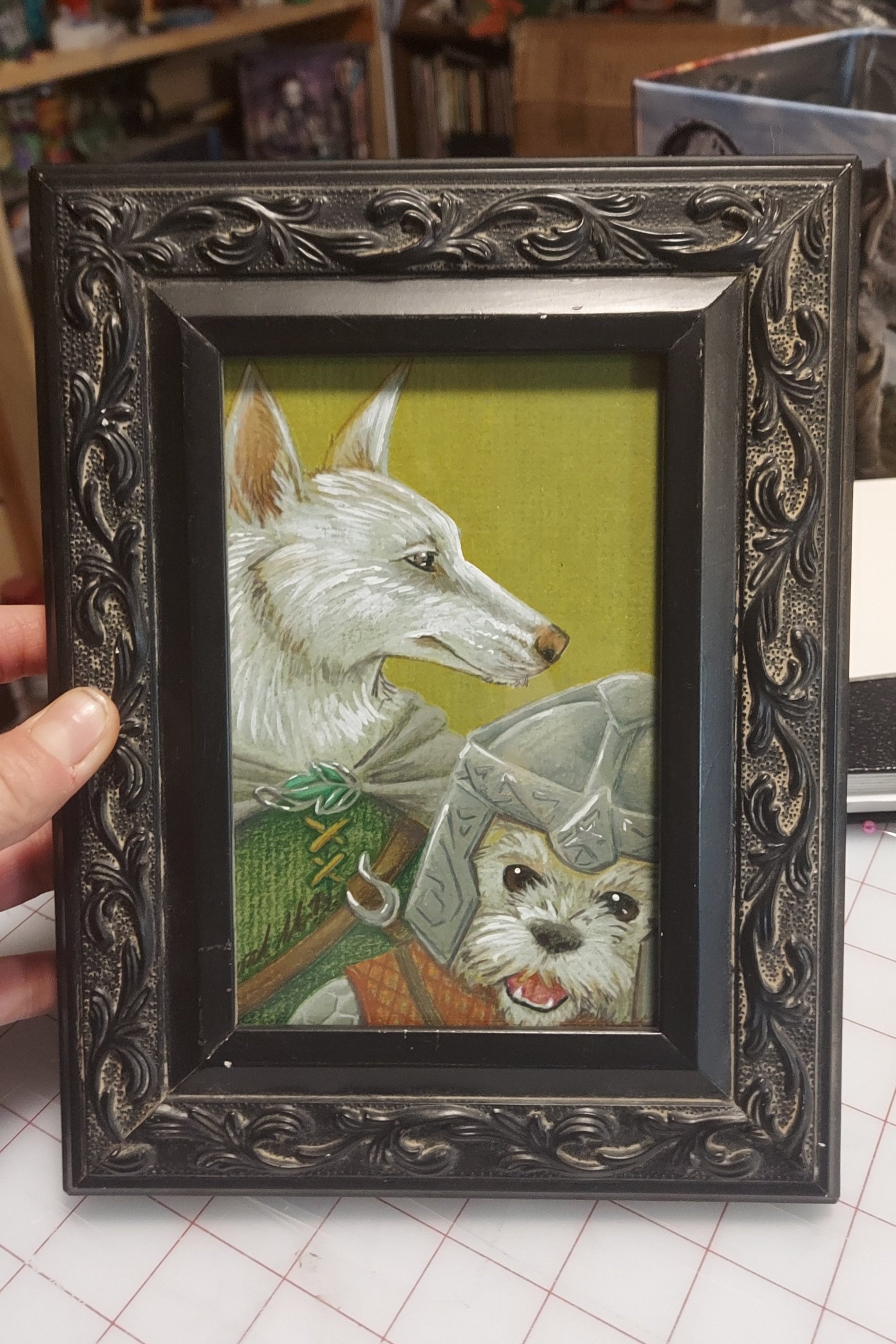 Willow and Tribble as Legolas and Gimli (colored pencil 2023)