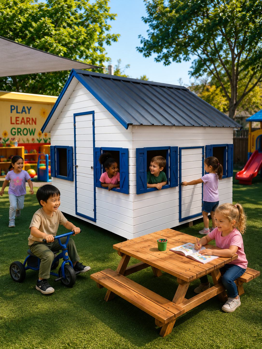 The activity center comes with educational features and customizable decorative options for churches and daycare playgrounds.