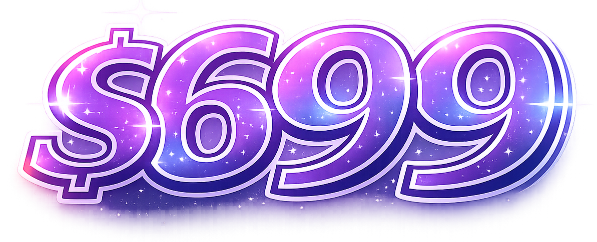 Neon sign displaying the price $699 with purple, pink, and blue colors and star-like sparkles.