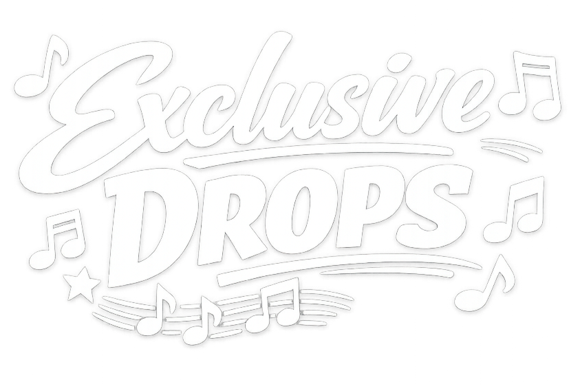 White text graphic reads "Exclusive Drops" with musical notes and star decorations, black background.