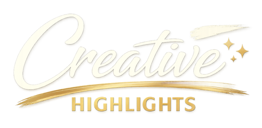 Logo for Creative Highlights featuring cursive text, a gold swoosh, and small sparkle icons.