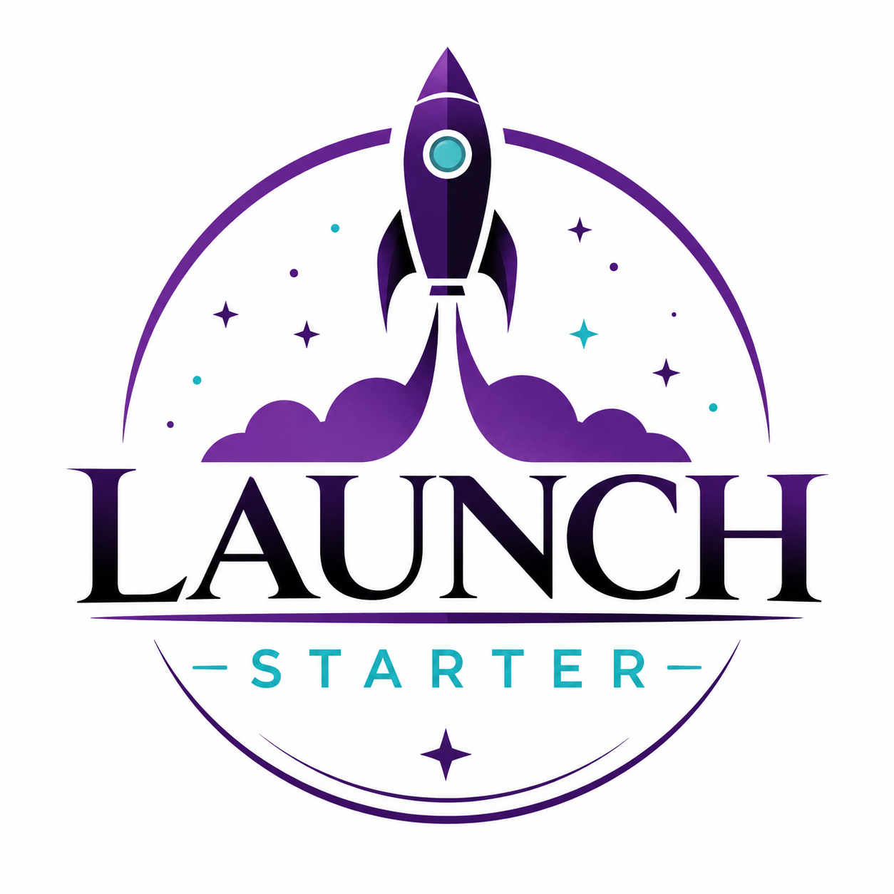 A stylized logo featuring a purple rocket launching with smoke and stars, with the words 'LAUNCH STARTER' underneath, designed with a space theme.