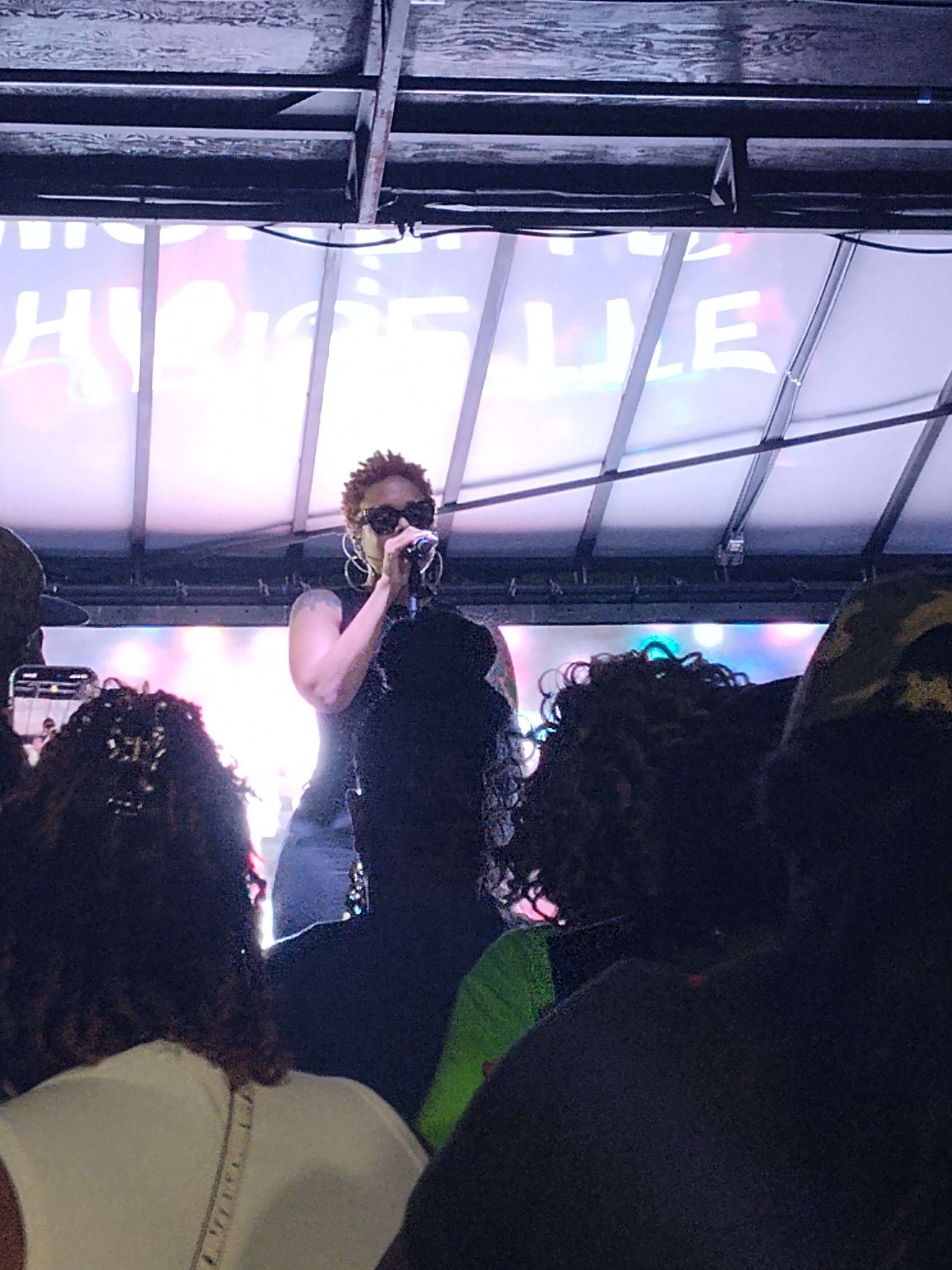 Performer on stage wearing black dress and large sunglasses, singing into a microphone with an audience in the foreground.