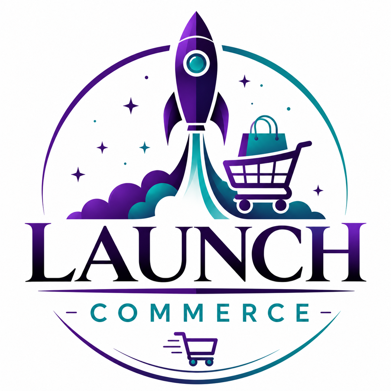 A logo featuring a rocket launching with a shopping cart and a shopping bag, surrounded by stars and arcs, with the text 'LAUNCH COMMERCE' in large font below.