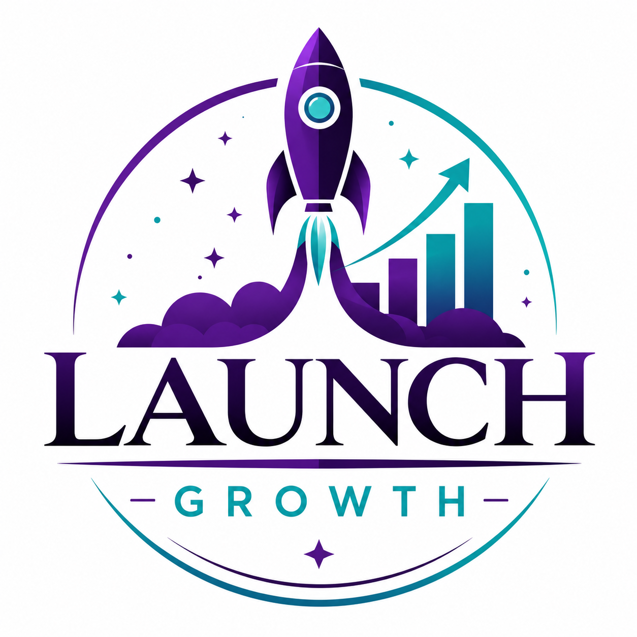 A stylized rocket launching with a trail of smoke, ascending next to a graph with an upward trend, surrounded by stars and space elements, with the words 'Launch Growth' beneath.