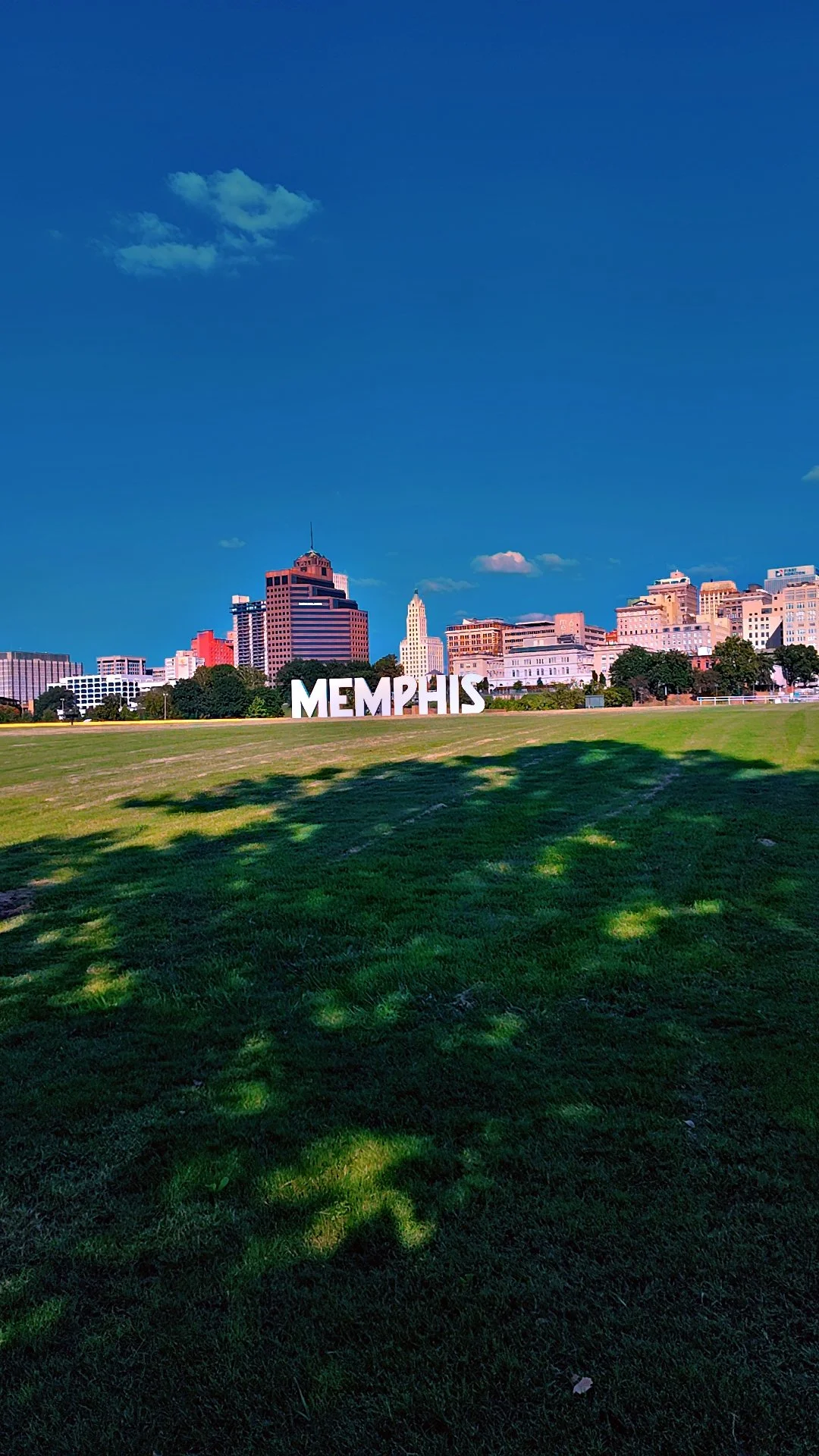 View of Memphis skyline with city buildings and large white 'MEMPHIS' sign on grassy area.