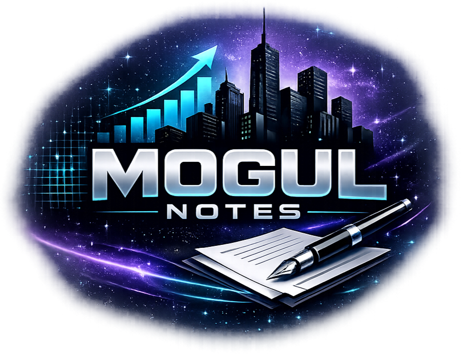Logo for Mogul Notes featuring a city skyline, ascending bar chart with an arrow, a pen, and a notepad, set against a cosmic background.