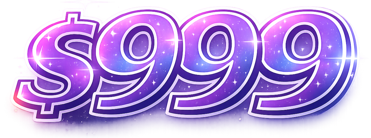 Bright neon sign displays the price $999 in purple and white with a starry cosmic background.