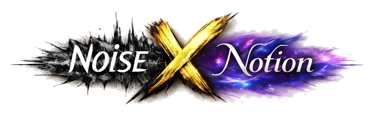 Logo for Noise X Notion with stylized black and white explosion on the left, a large yellow X in the center, and a colorful galaxy background on the right, featuring purple, blue, and pink hues.