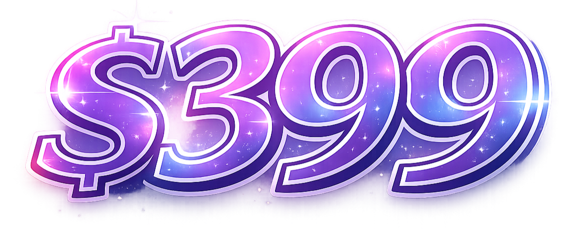 Colorful neon-style sign reading $399 with galaxy and star effects.