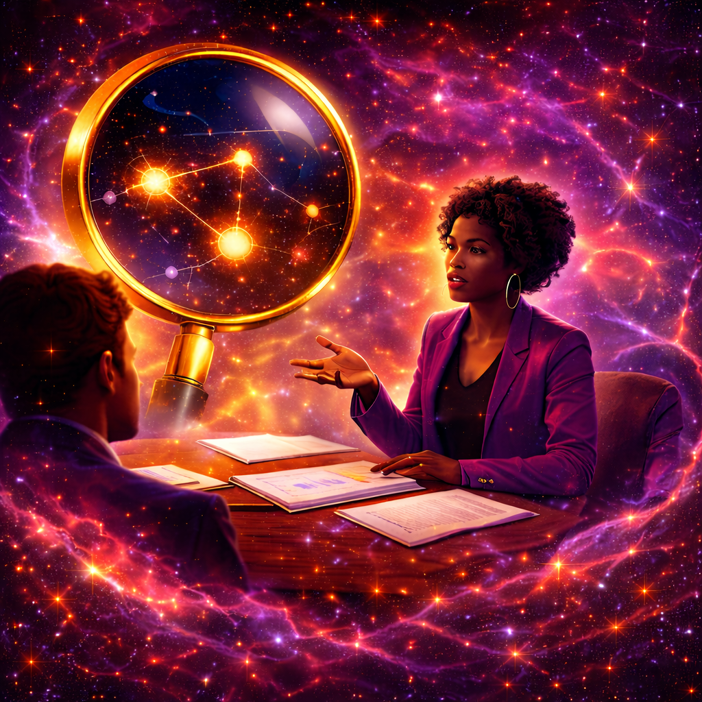 Two people sitting at a table with one woman explaining something to a man, with a cosmic background and a large magnifying glass showing a star constellation.