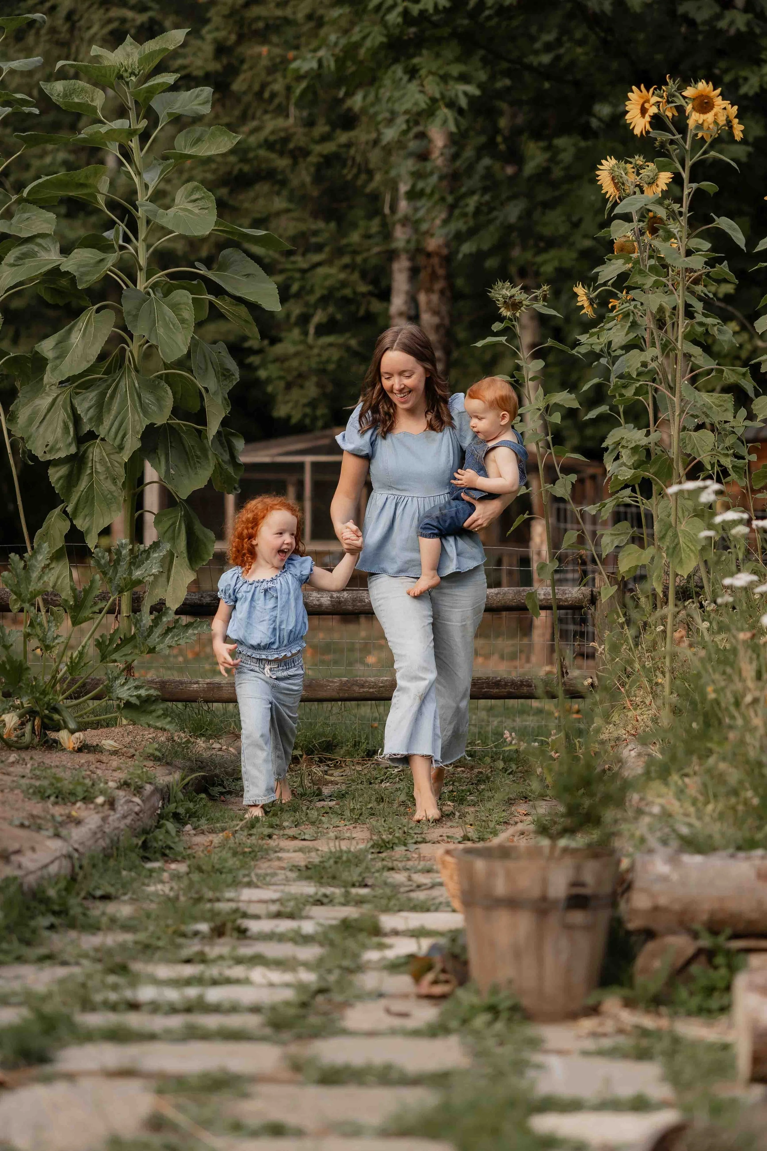 Mother and her children playing in the garden
