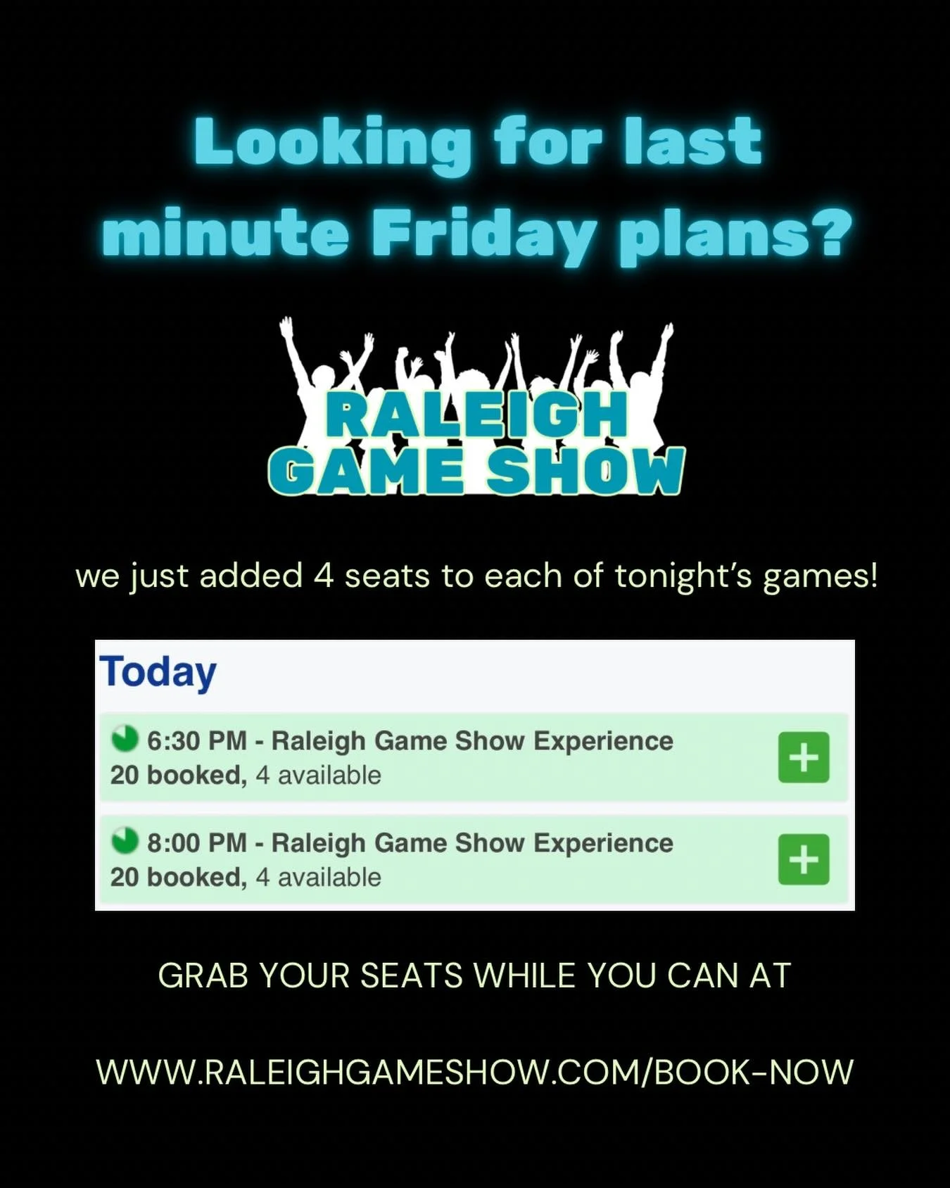 Opened 4 more seats at both of TONIGHT&rsquo;S games at @raleighgameshow 

Visit our website www.raleighgameshow.com to book!

#raleighgameshow #thingstodoinraleigh #raleighnightlife #datenightraleigh