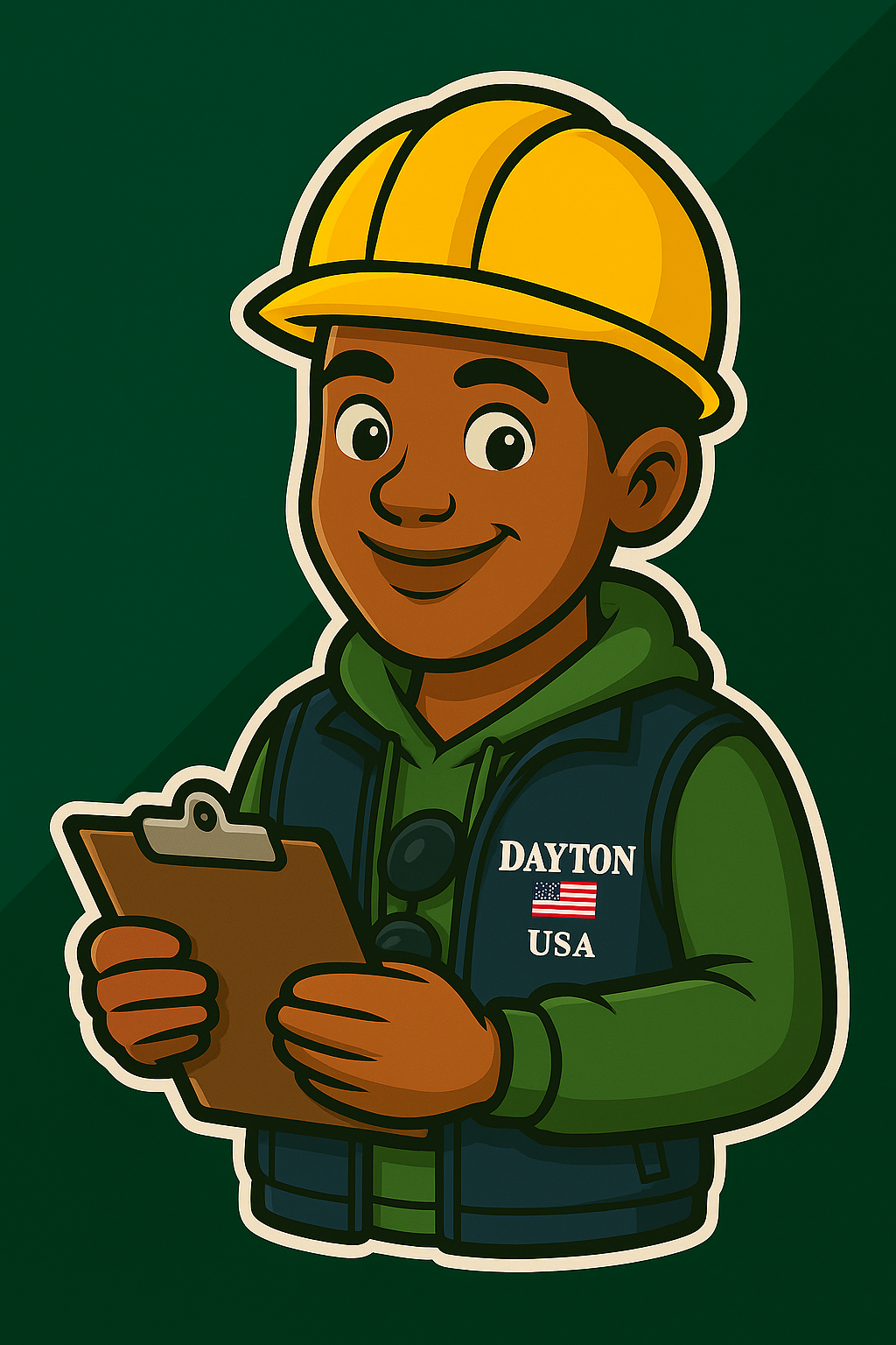 Cartoon of a smiling young man wearing a yellow safety helmet, green hoodie, and blue vest with an American flag and "DAYTON USA" embroidered on it, holding a clipboard.