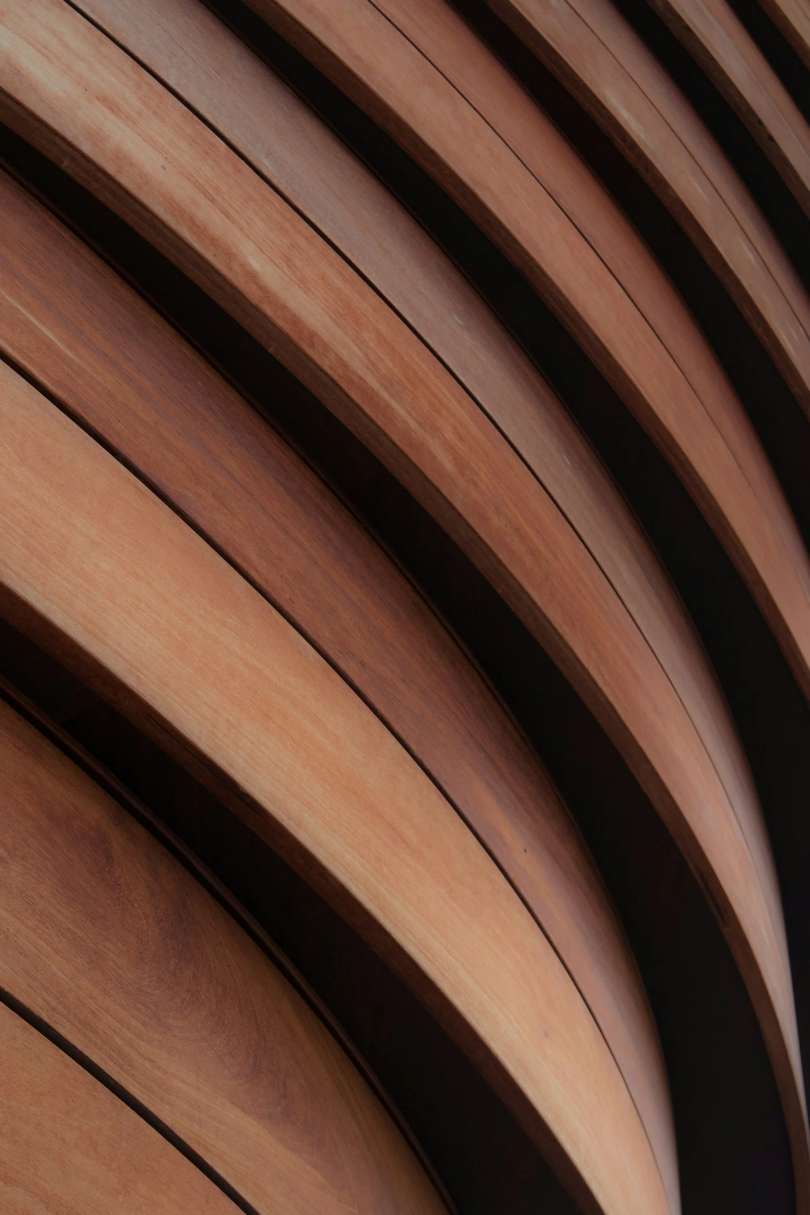 Close-up of curved wooden slats in a modern architectural design.
