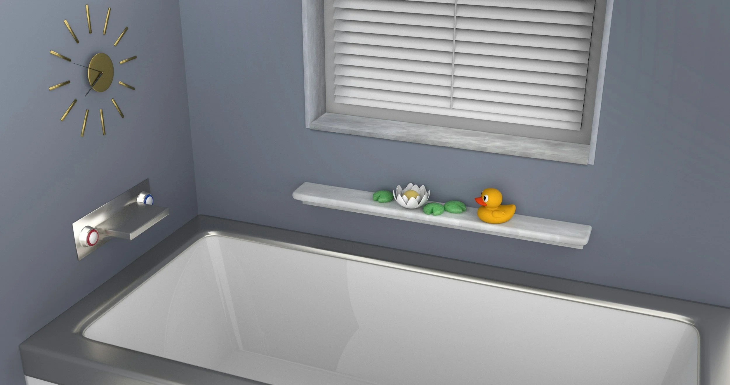 A bathroom corner with a silver bathtub, a gray wall with a round, gold-colored wall clock, a small shelf with a rubber duck, a lotus flower decoration, and green leaves, a window with closed white blinds, and a panel with two faucet controls, one with a red ring and the other with a blue ring.