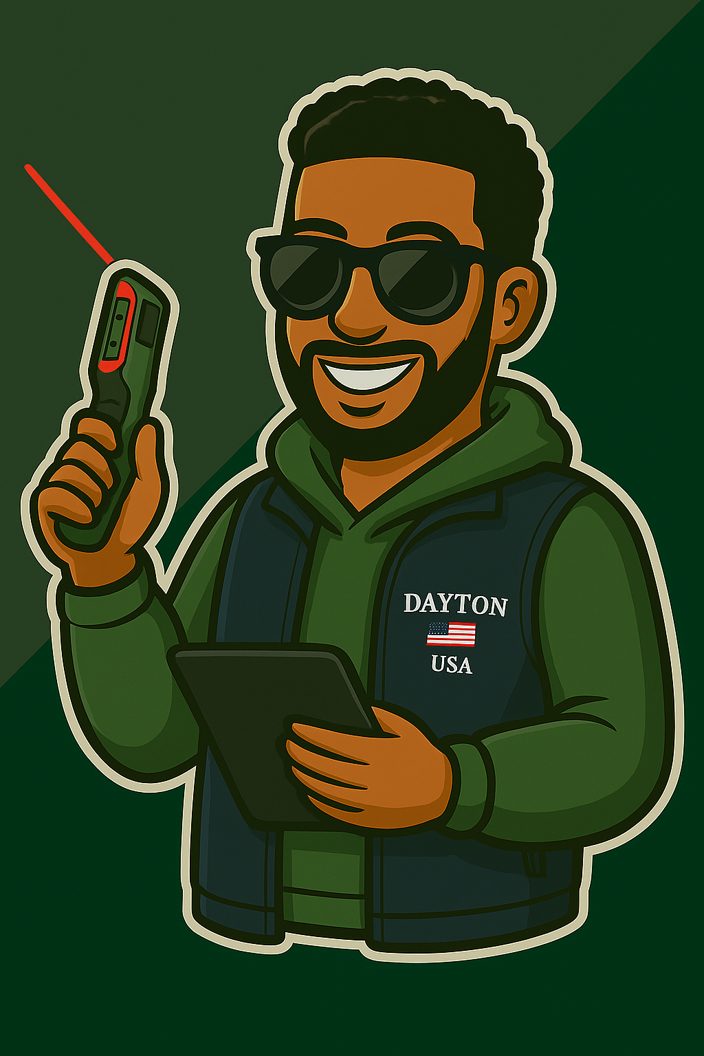 Cartoon illustration of a man with dark hair and beard, wearing sunglasses, a green hoodie, and a vest with