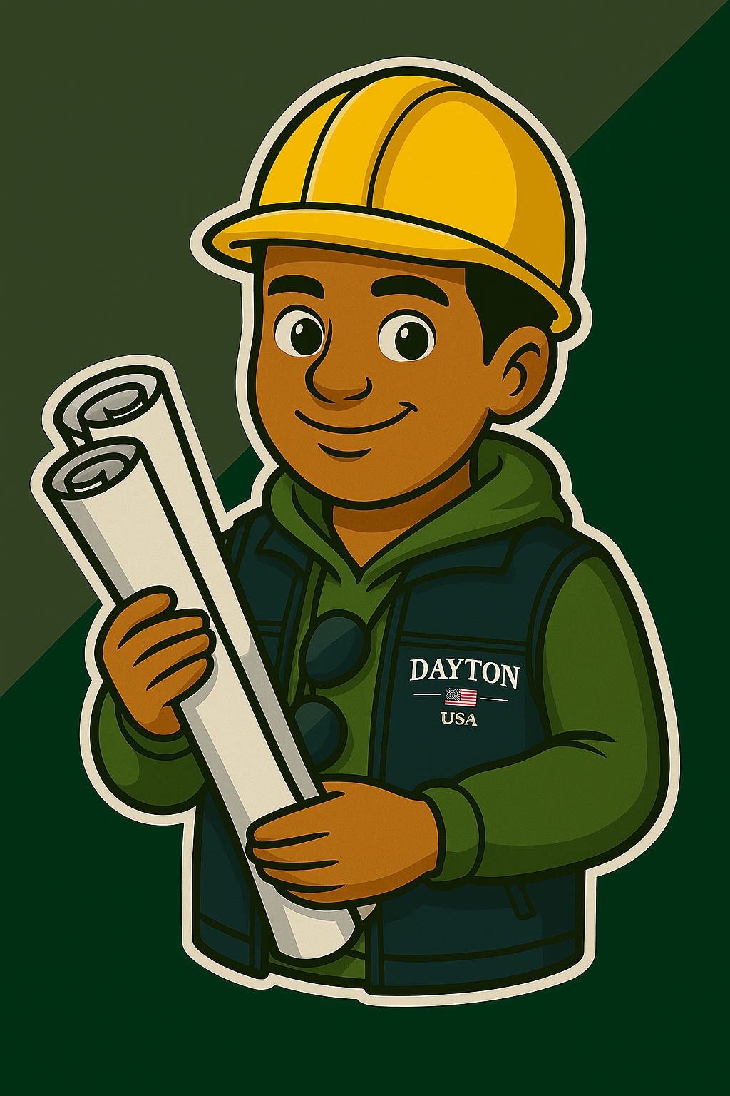 Cartoon construction worker wearing a yellow hard hat, green hoodie, and vest with 'Dayton USA' on it, holding rolled blueprints.