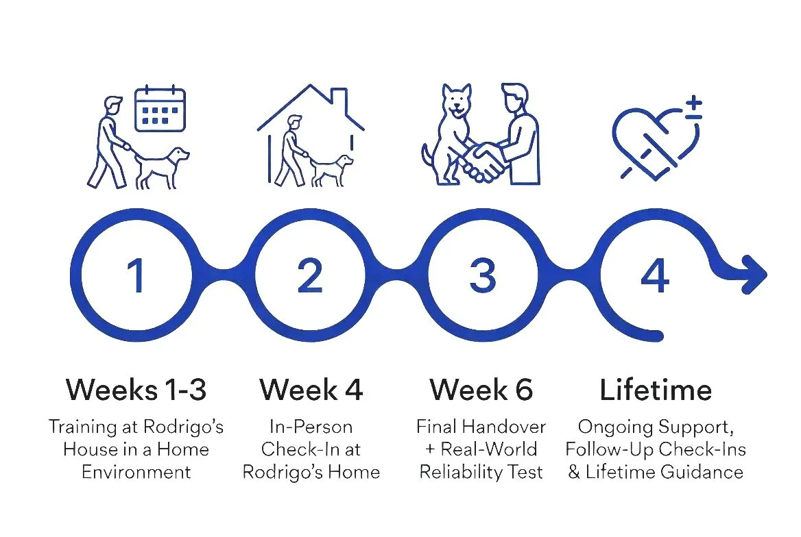 A timeline diagram showing the process of dog training and care over a lifetime. It includes four stages: Weeks 1-3 with training at Rodrigo’s house in a home environment, Week 4 with an in-person check-in at Rodrigo’s home, Week 6 with a final handover and real-world reliability test, and Lifetime support with ongoing follow-up and guidance.