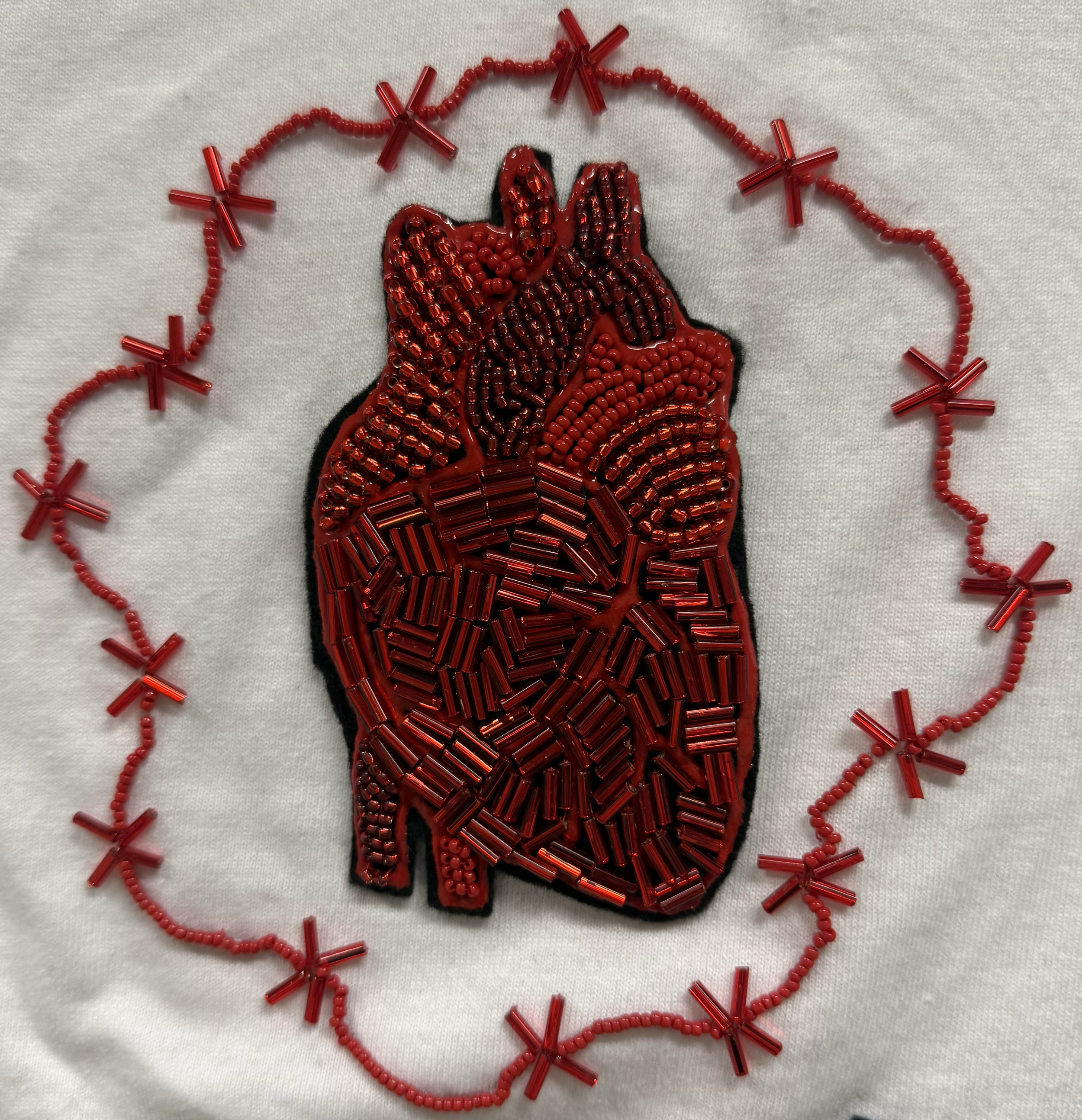 Embroidery piece titled "Shared Sinoatriality," close-up. Exhibited in the Educational Studies Department at Colgate University. This piece highlights the shared humanity of everyone regardless of citizenship status.