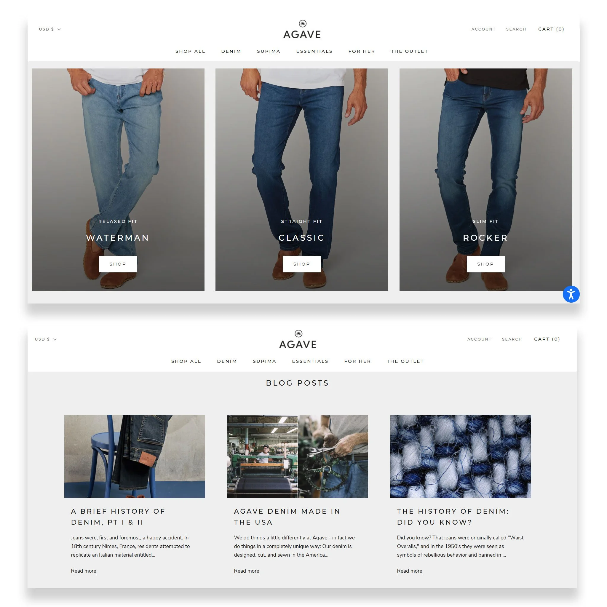 Website homepage for Agave featuring men's jeans in three fit styles: Waterman, Classic, and Rocker, with clickable shop buttons, and blog posts about denim history and manufacturing.