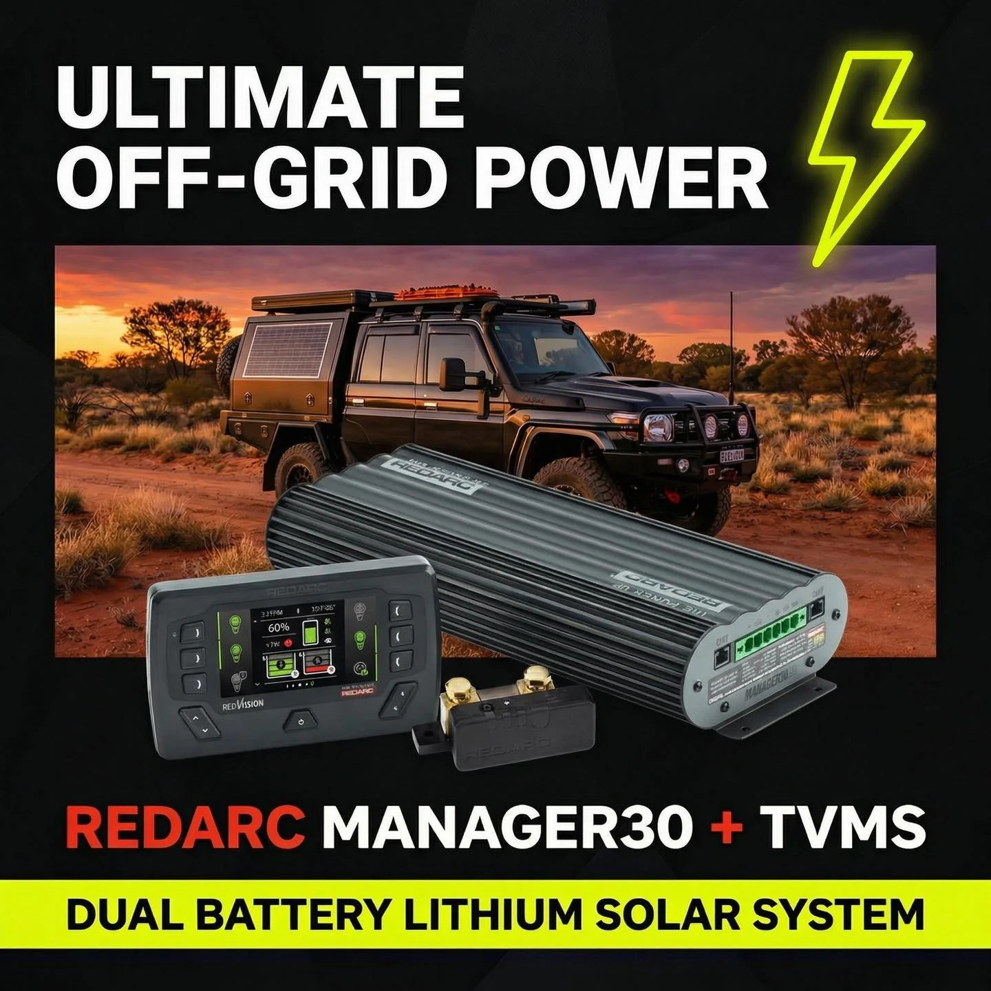 Tired of running out of power halfway through your off-grid trip? ⚡️

Meet the ultimate game-changer for your 4WD or canopy: The REDARC Manager30 + TVMS RedVision system. This dual battery lithium solar setup is designed to give you total control and