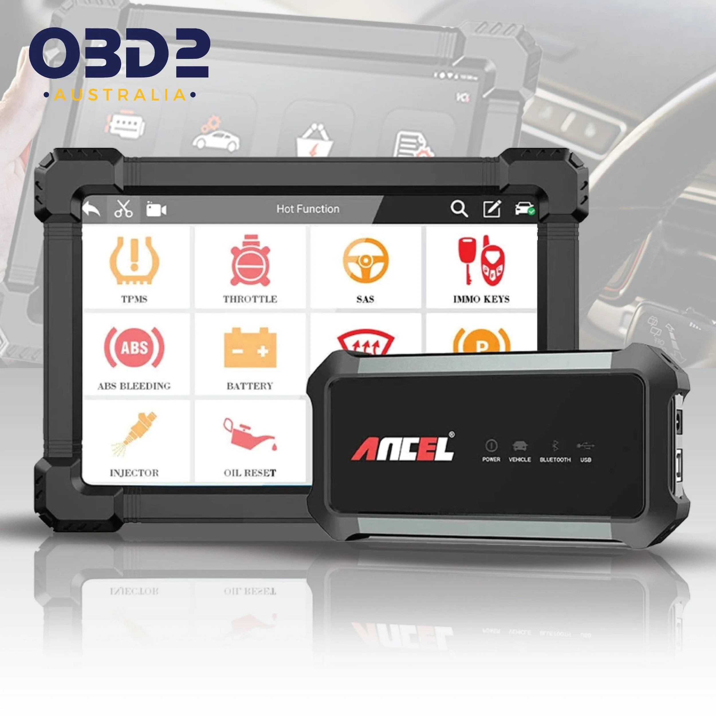 A car diagnostic scan tool with a screen displaying various vehicle system icons, including TPMS, Throttle, SAS, ABS Bleeding, Battery, Injector, and Oil Reset, and a smaller device with the brand name AceL.