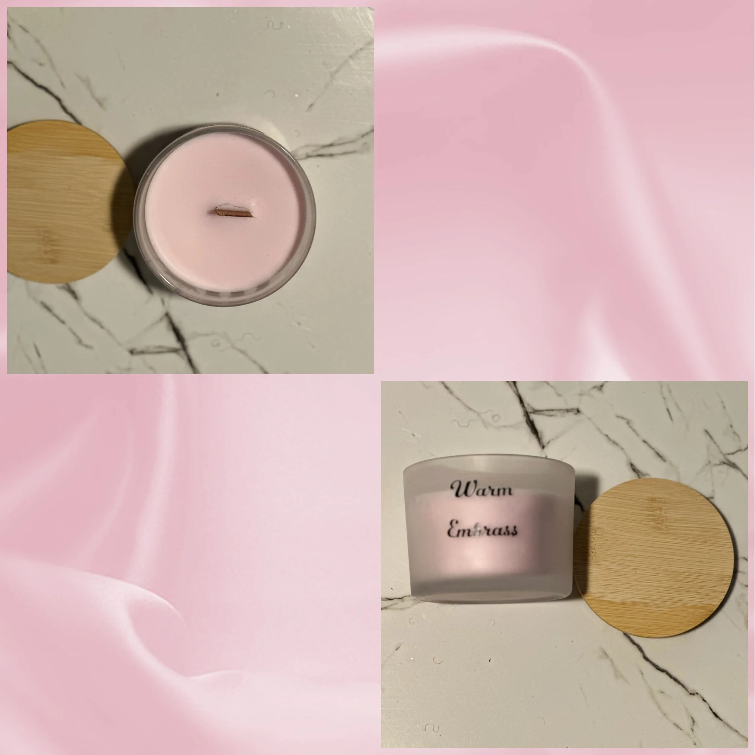 A pink candle with a wooden lid, and another candle labeled "Warm Emboss" placed on a marble surface with pink and white streaks.