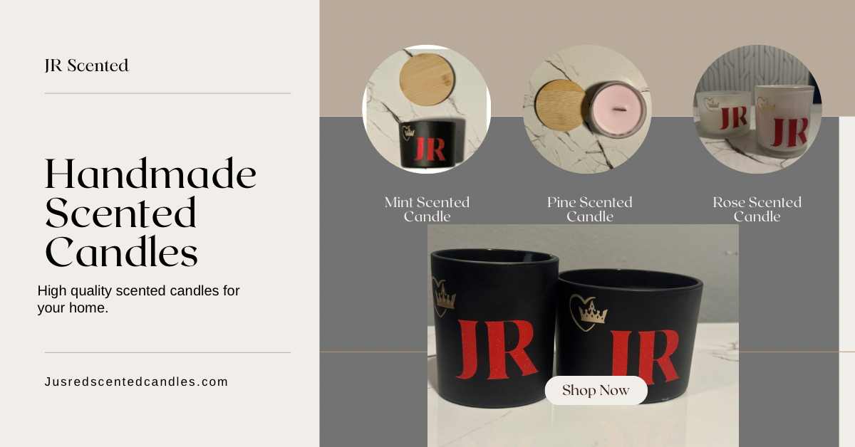 Webpage display of handmade scented candles with a gray and beige background, featuring images of scented candles in mint, pine, and rose scents, and black candles with red 'JR' logo in black cups with gold accents, and a shop now button.
