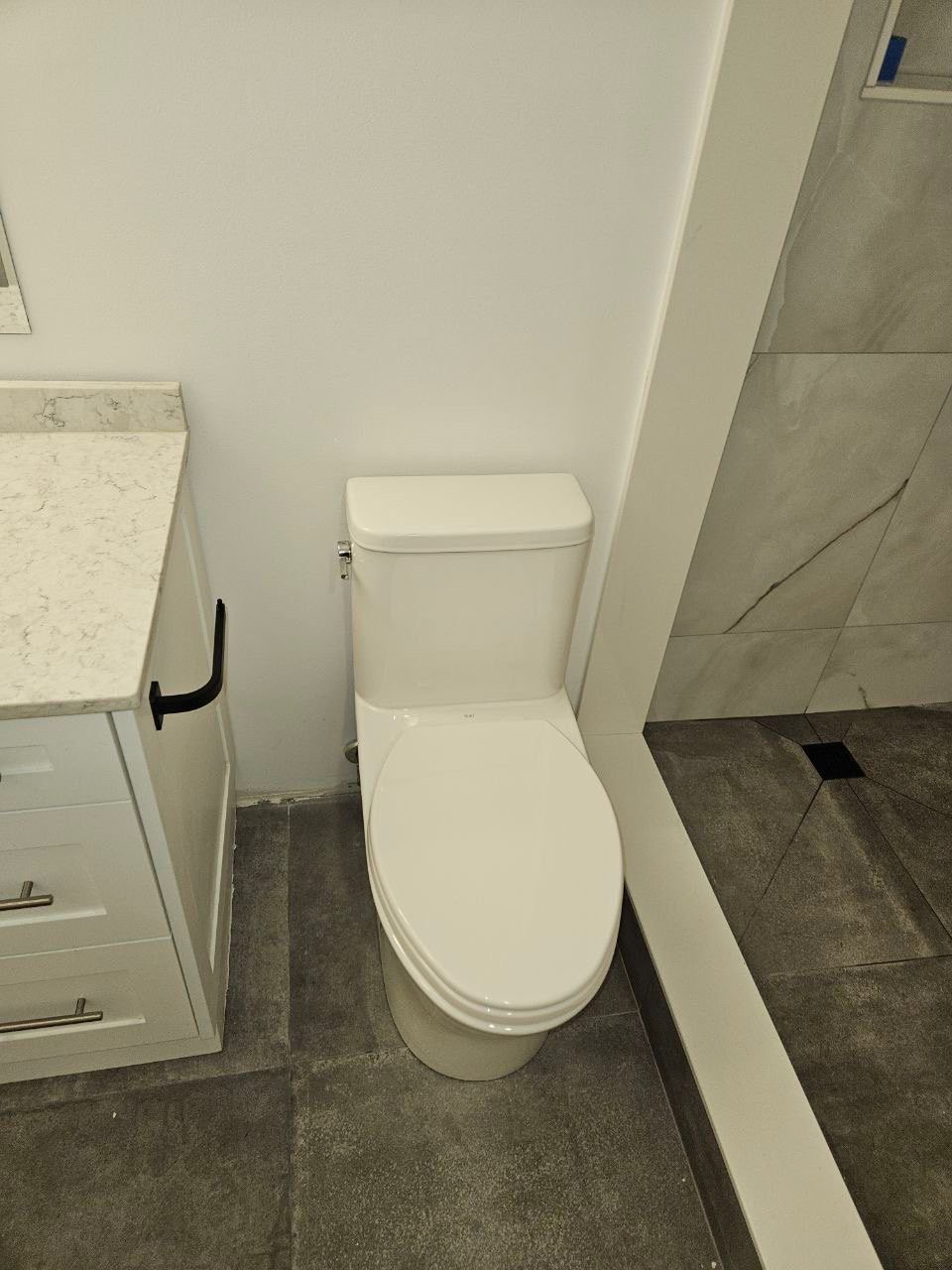 Modern one-piece toilet next to a tiled walk-in shower with gray floor tiles